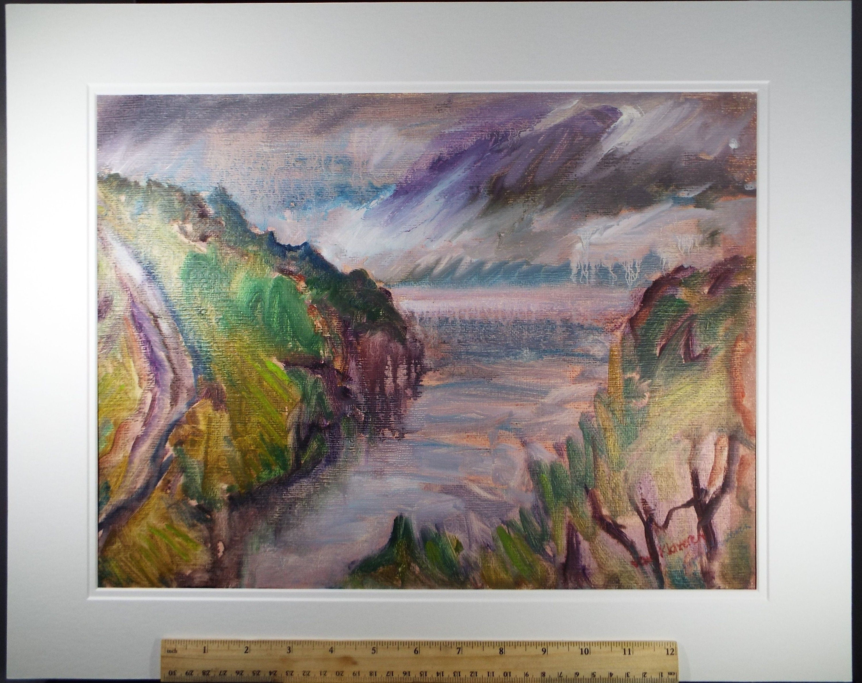 Original Watercolour & Gouache, 'Purple Sea inlet with Cliffs' 1980's, Olive Van Klaveren (20th Century)
