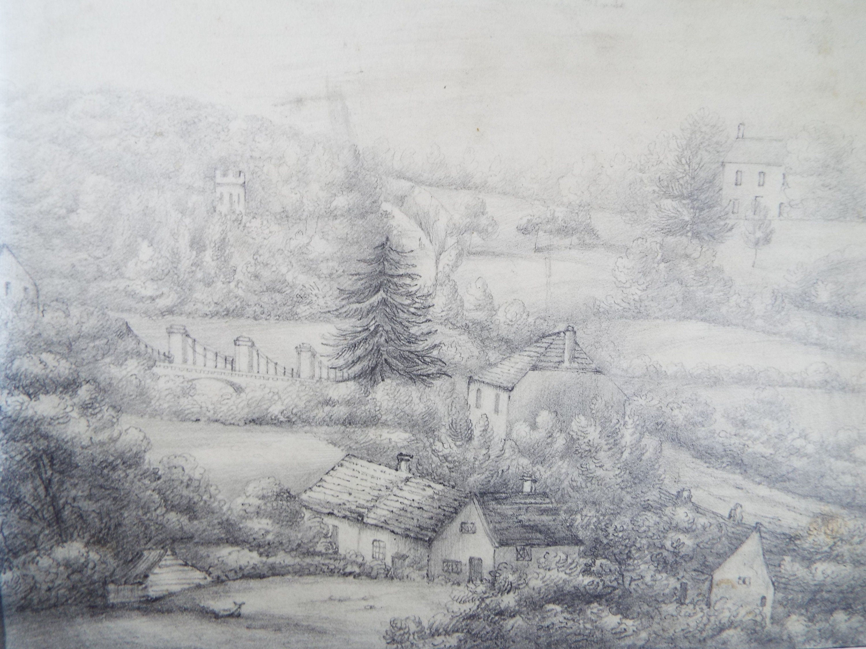 Original Grisaille Watercolour, Inscribed - 'Pen Y Bont, 1833, Mary Ann Baker'