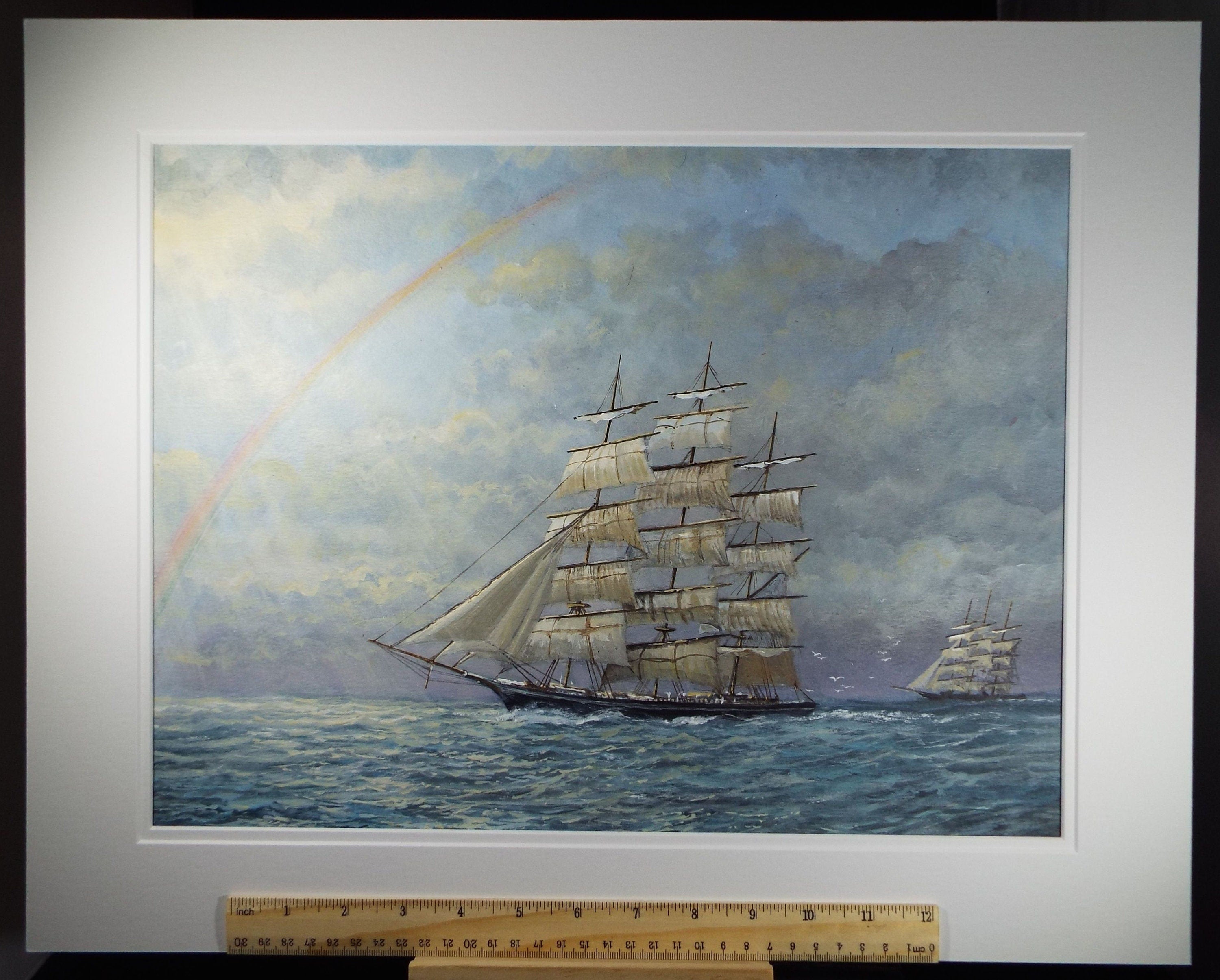 Original Watercolour, 'Tea Clippers under a Stormy Sky' 1990s, David Beer b.1936