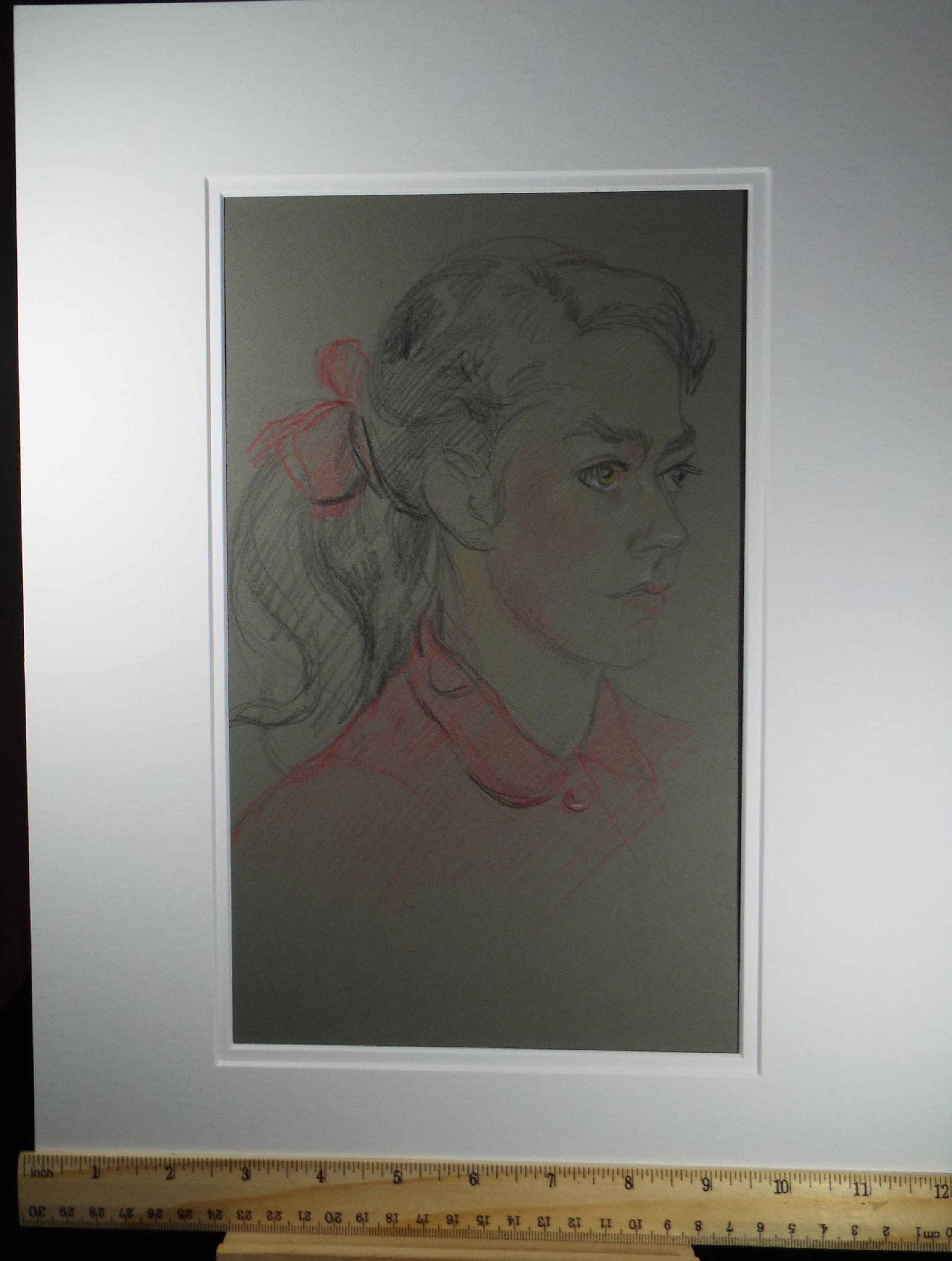 Original Pencil Drawing, 'Girl with Red Dress', c1950s, Athene Andrade, (1908-1973)