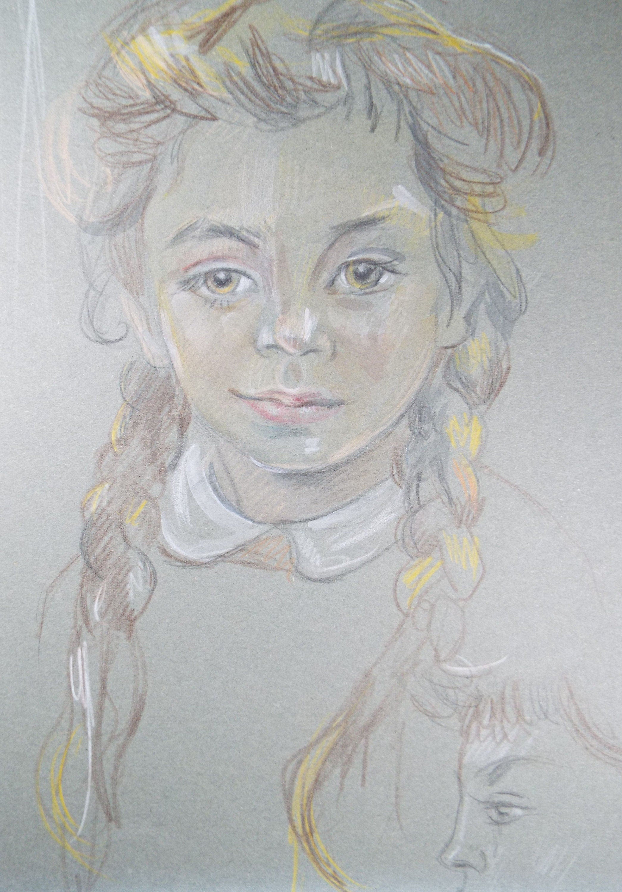 Original Pencil Drawing, 'Girl with Pig Tails', c1950s, Athene Andrade, (1908-1973)