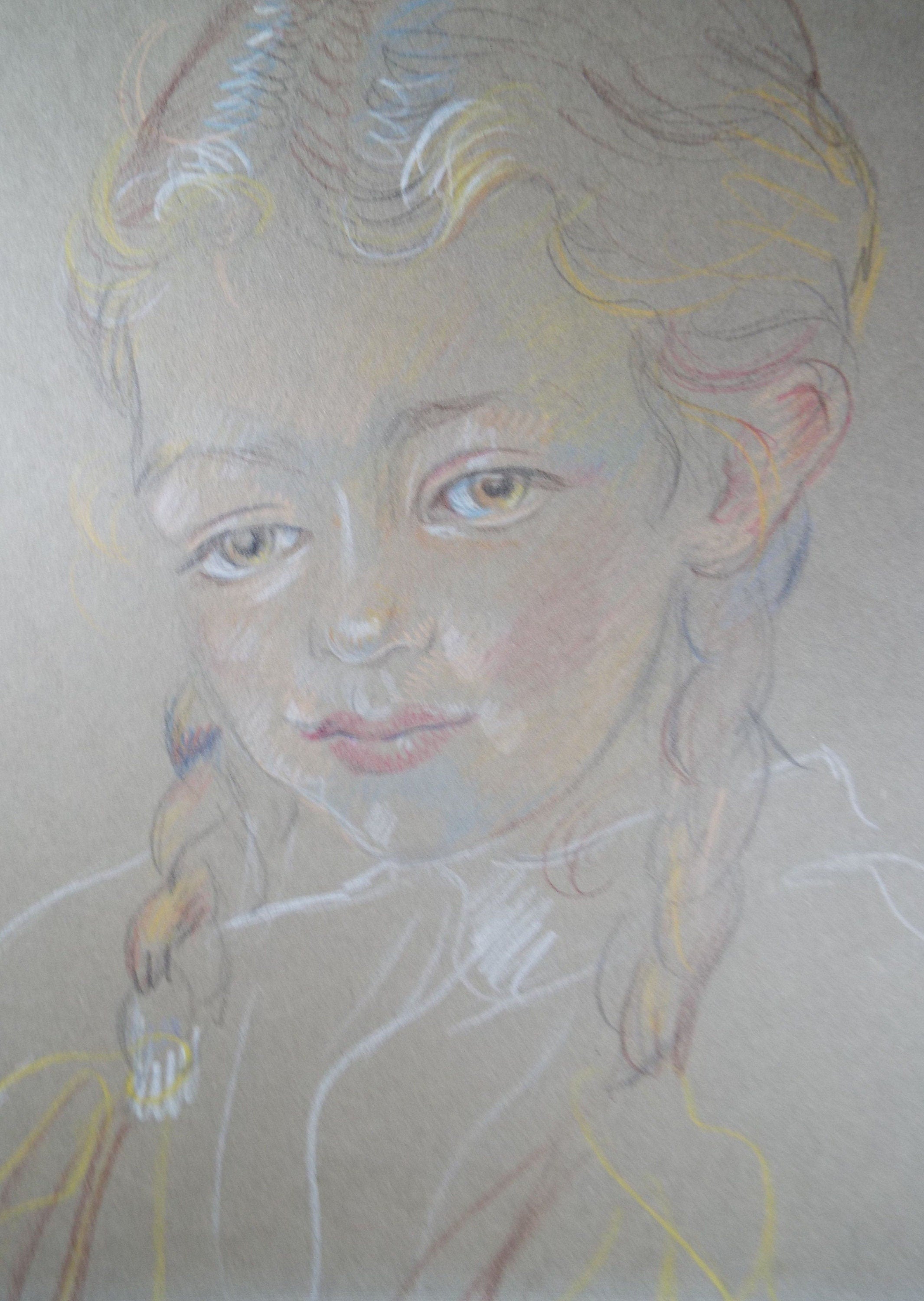 Original Pencil Drawing, 'Girl with Pig Tails', c1950s, Athene Andrade, (1908-1973)