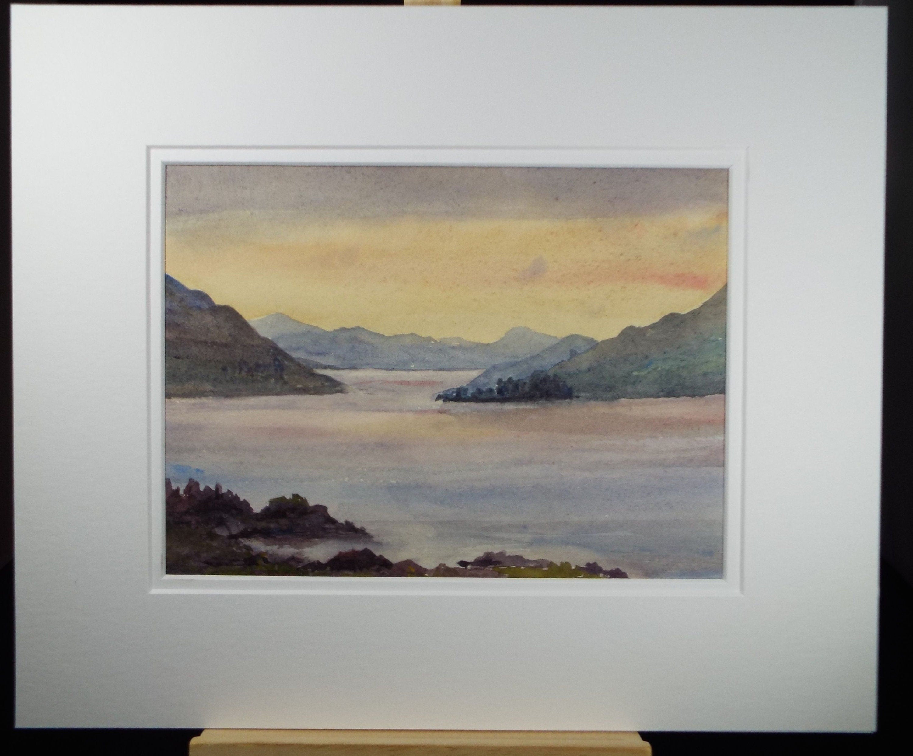 Original Watercolour, 'Lake with Mountains at Sunrise', c1910, Unknown Artist