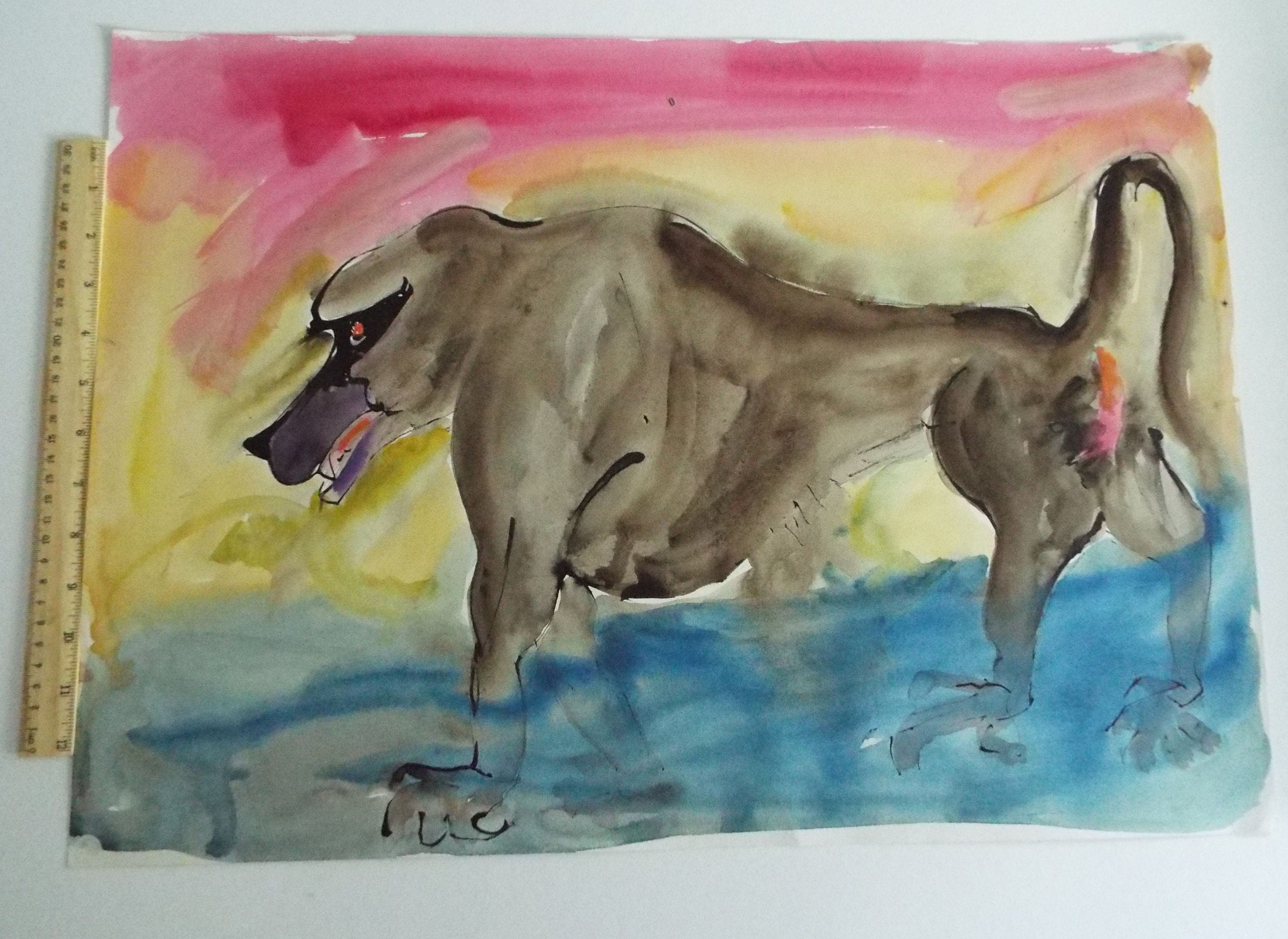 Original Watercolour & India Ink , 'Baboon' - from the Great Flood series of 100 paintings, circa 1980's, Sven Berlin (1911-1999)