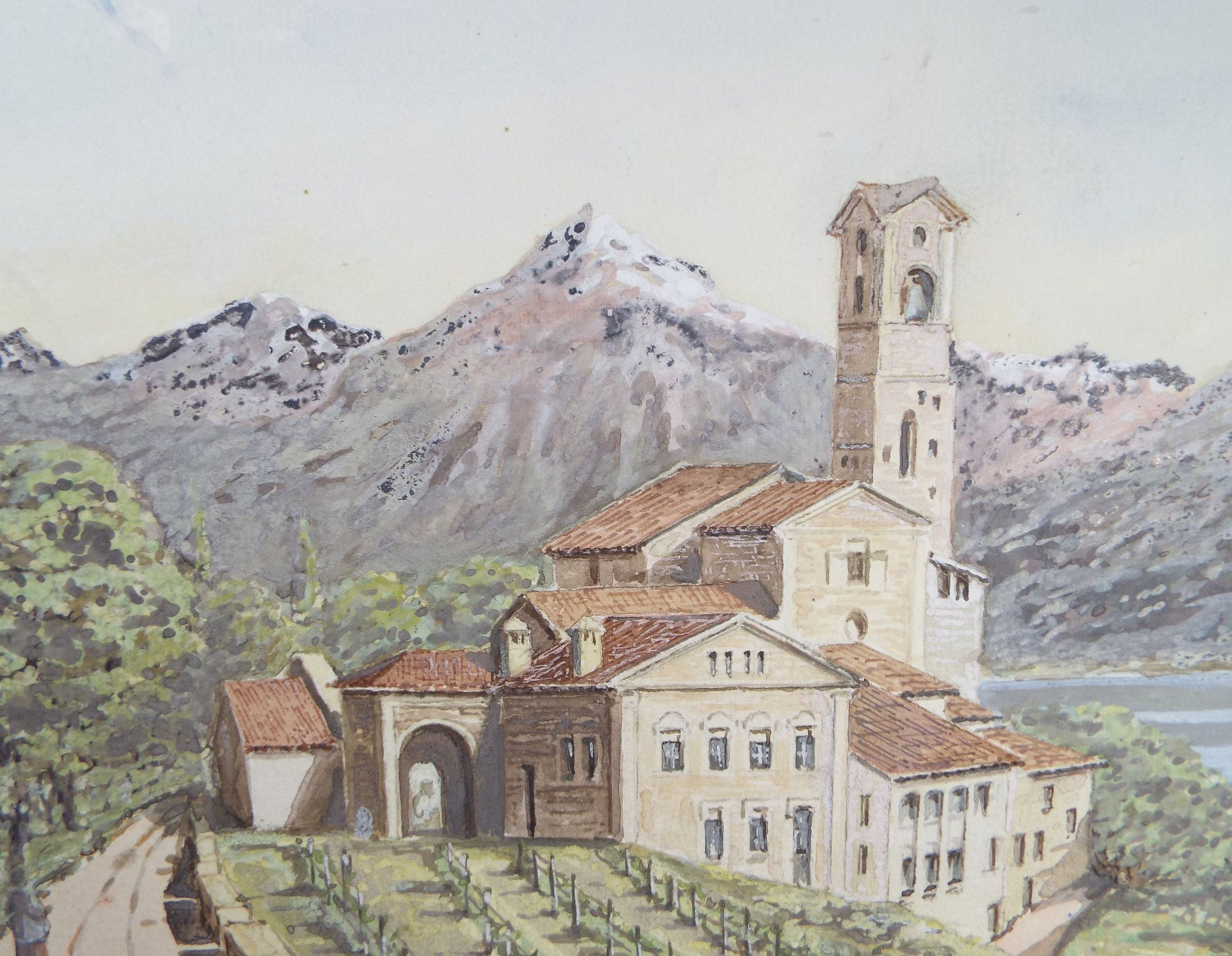 Original Watercolour, late 19th Century , 'Monastery on Lake' Artist Unknown