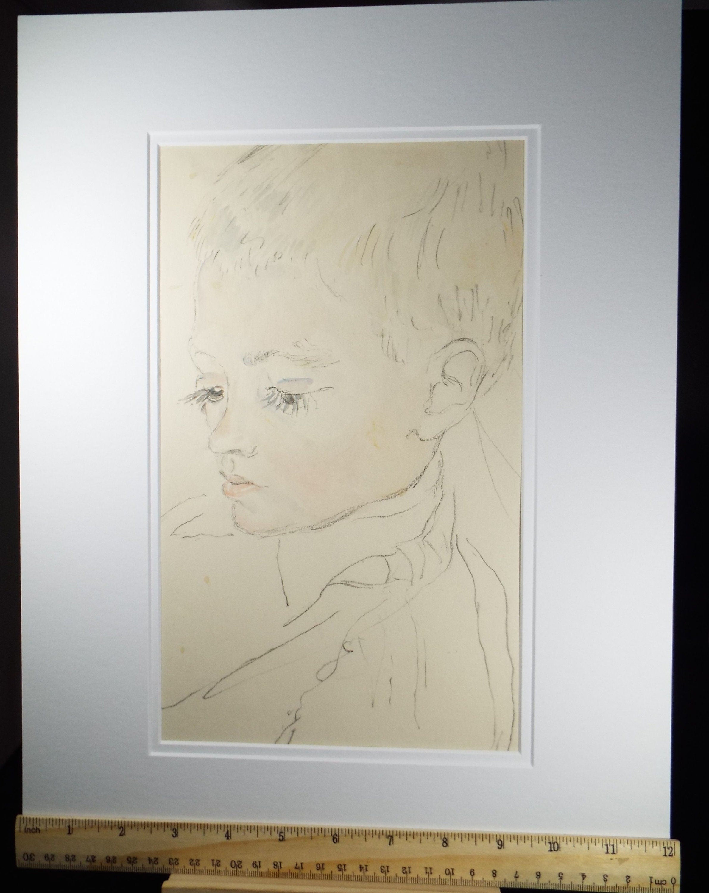 Original Pencil Drawing, 'Boy with long Eyelashes', c1950s, Athene Andrade, (1908-1973)