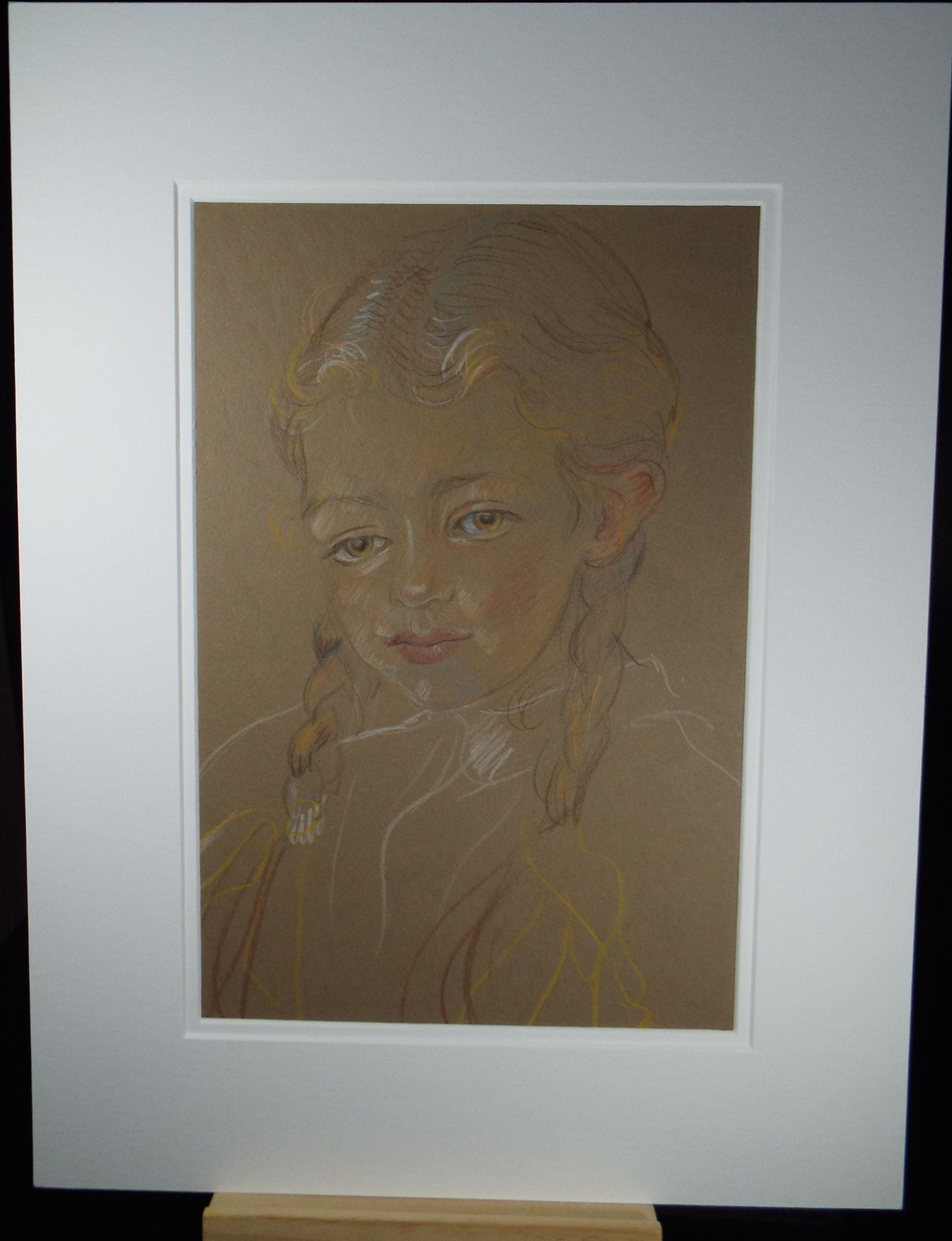Original Pencil Drawing, 'Girl with Pig Tails', c1950s, Athene Andrade, (1908-1973)