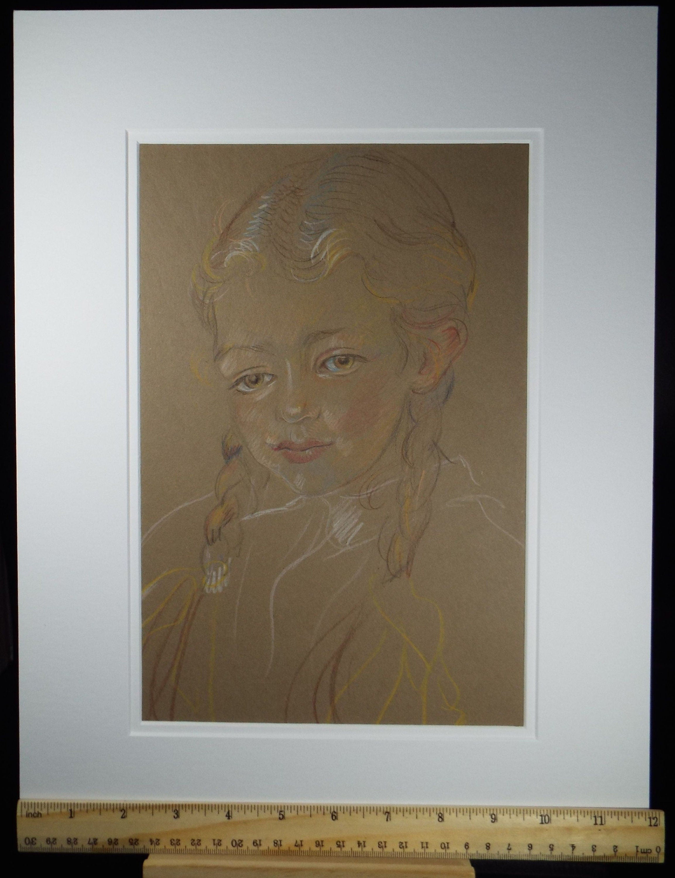 Original Pencil Drawing, 'Girl with Pig Tails', c1950s, Athene Andrade, (1908-1973)
