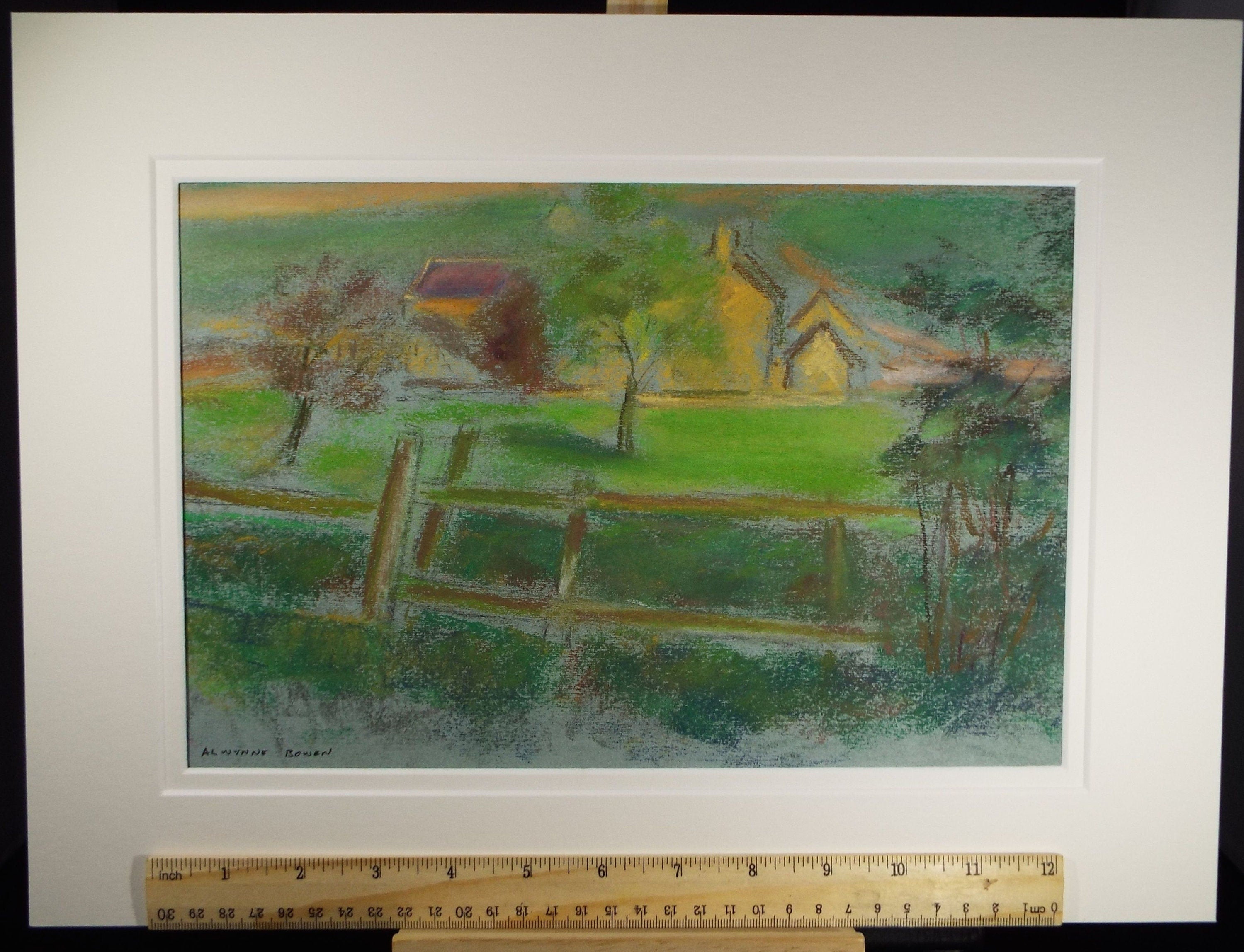 Original Pastel, 'Field with Farm Buildings' , c1970's, Alwynne Bowen 1904-1987