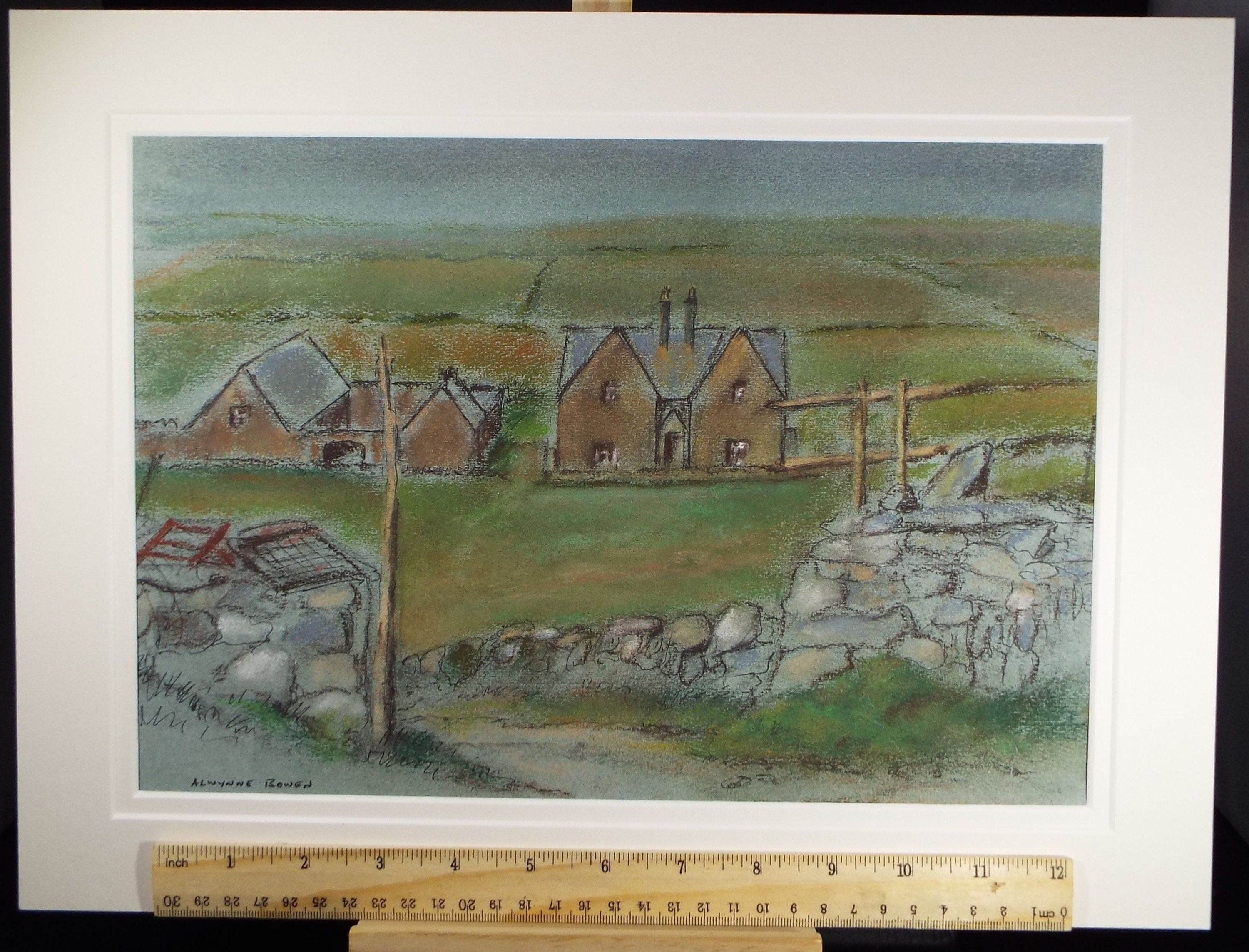 Original Pastel, 'Farm Buildings' , c1970's, Alwynne Bowen 1904-1987