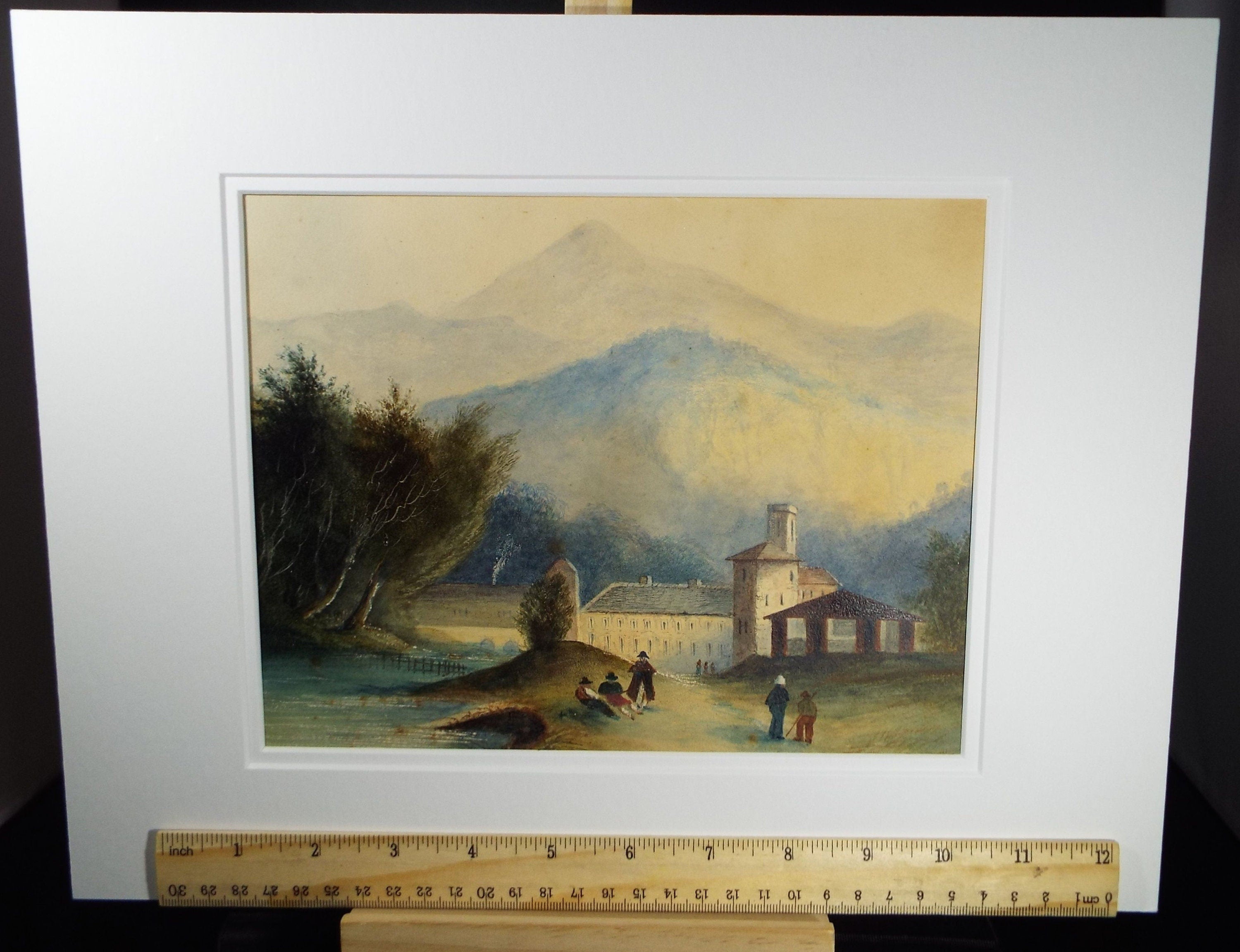 Original Watercolour, 'Stone Mill with Figures and Distant Mountains', Mid 19th Century, Artist Unknown