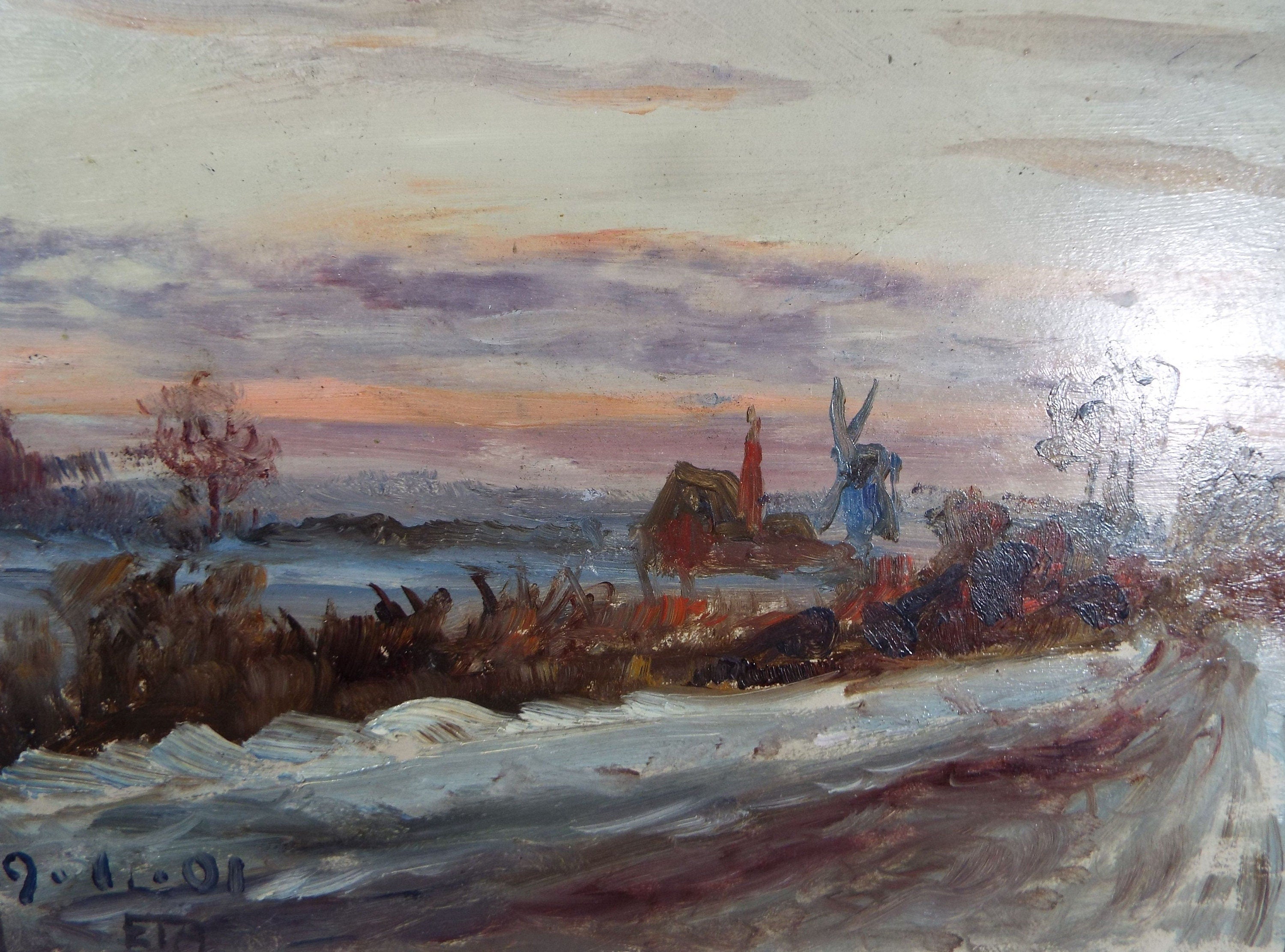 Original Oil on Board, 'Fenland in the Snow', 1901, E T Adams RNVR