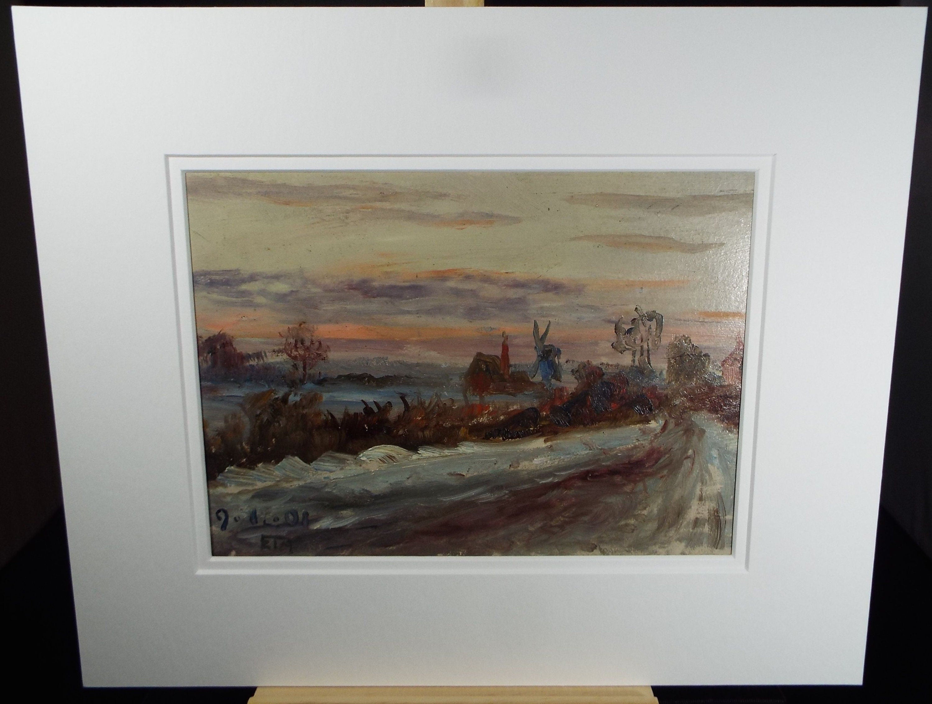Original Oil on Board, 'Fenland in the Snow', 1901, E T Adams RNVR