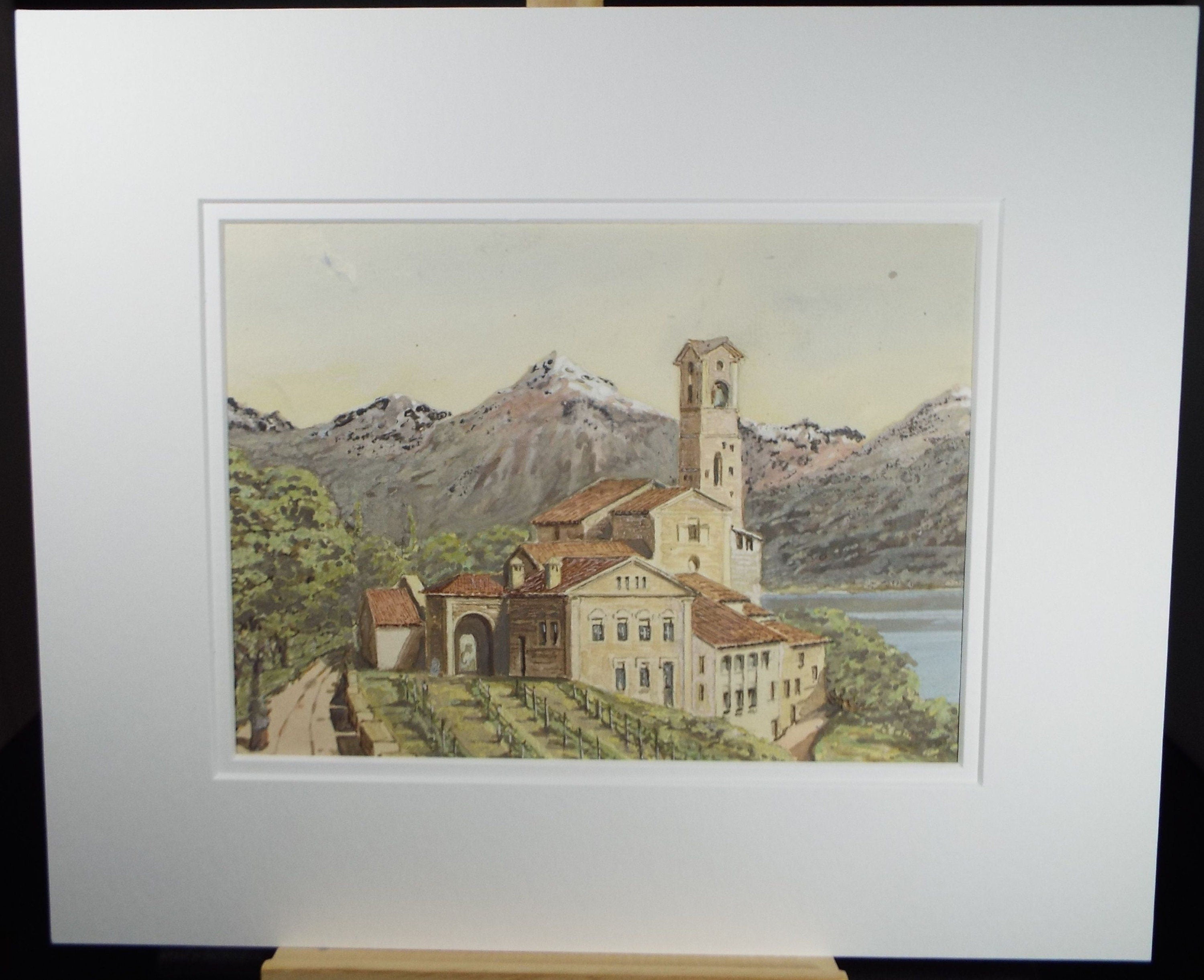 Original Watercolour, late 19th Century , 'Monastery on Lake' Artist Unknown