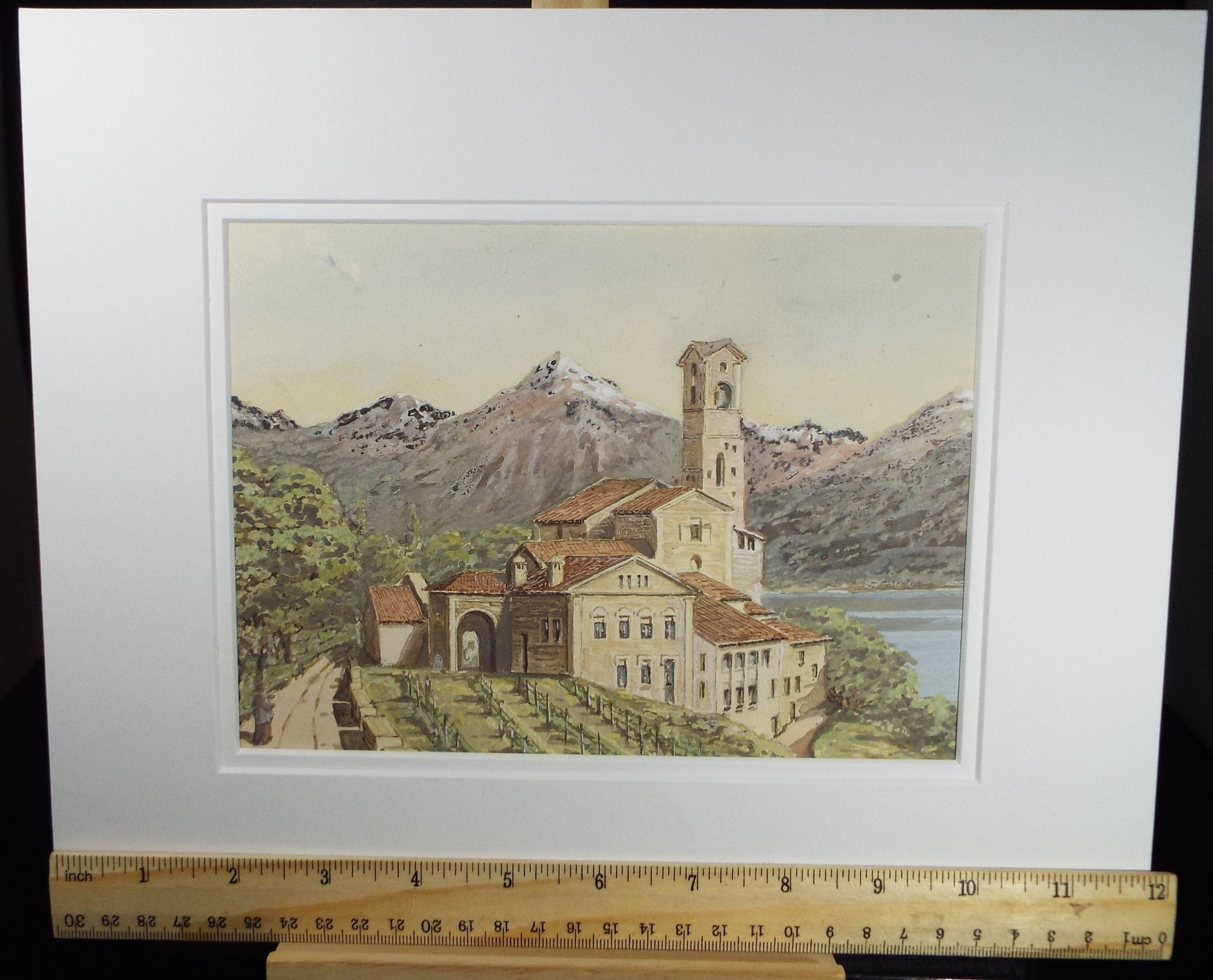Original Watercolour, late 19th Century , 'Monastery on Lake' Artist Unknown