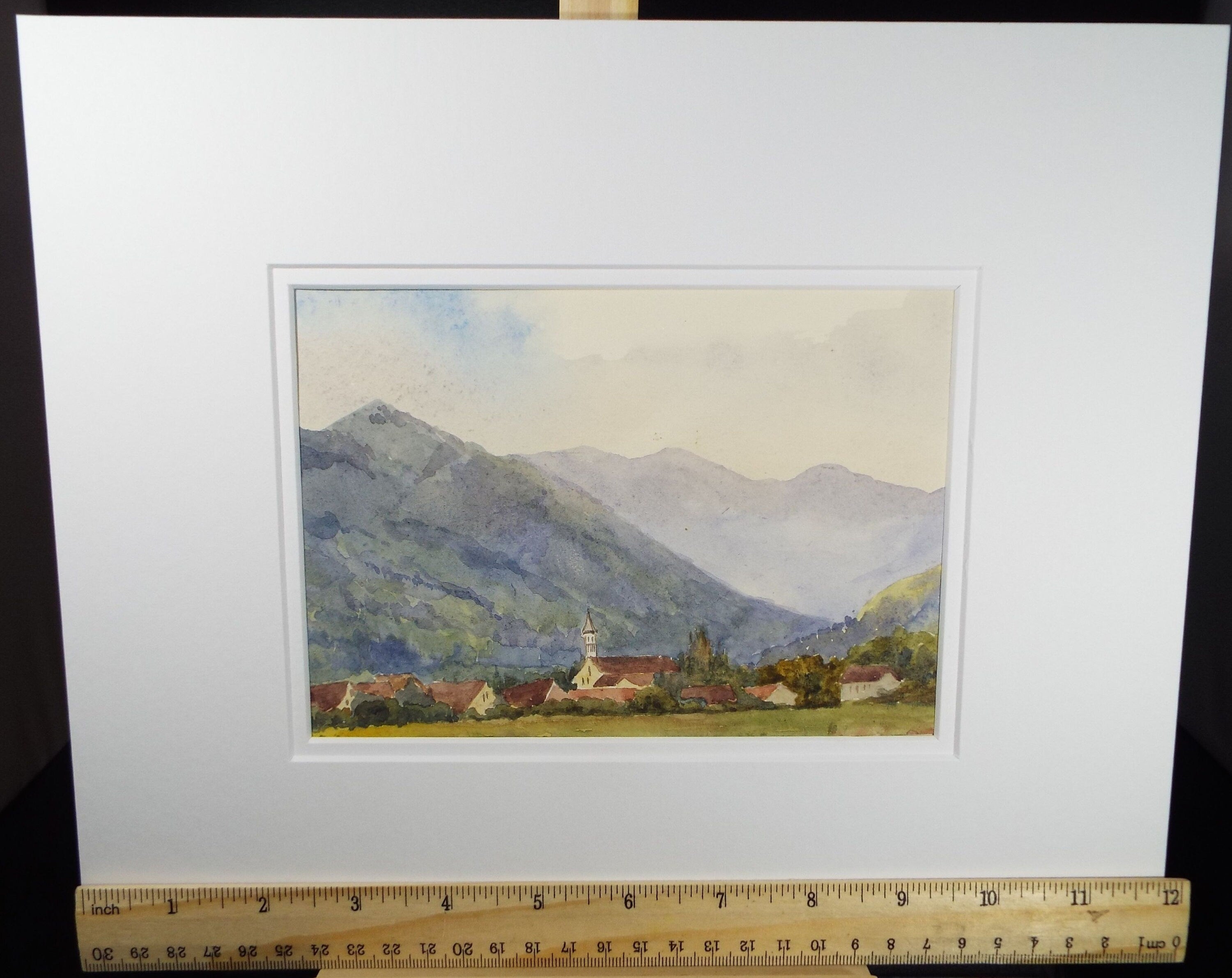 Original Watercolour, late 19th Century , 'Village Below the Mountain ',Artist Unknown