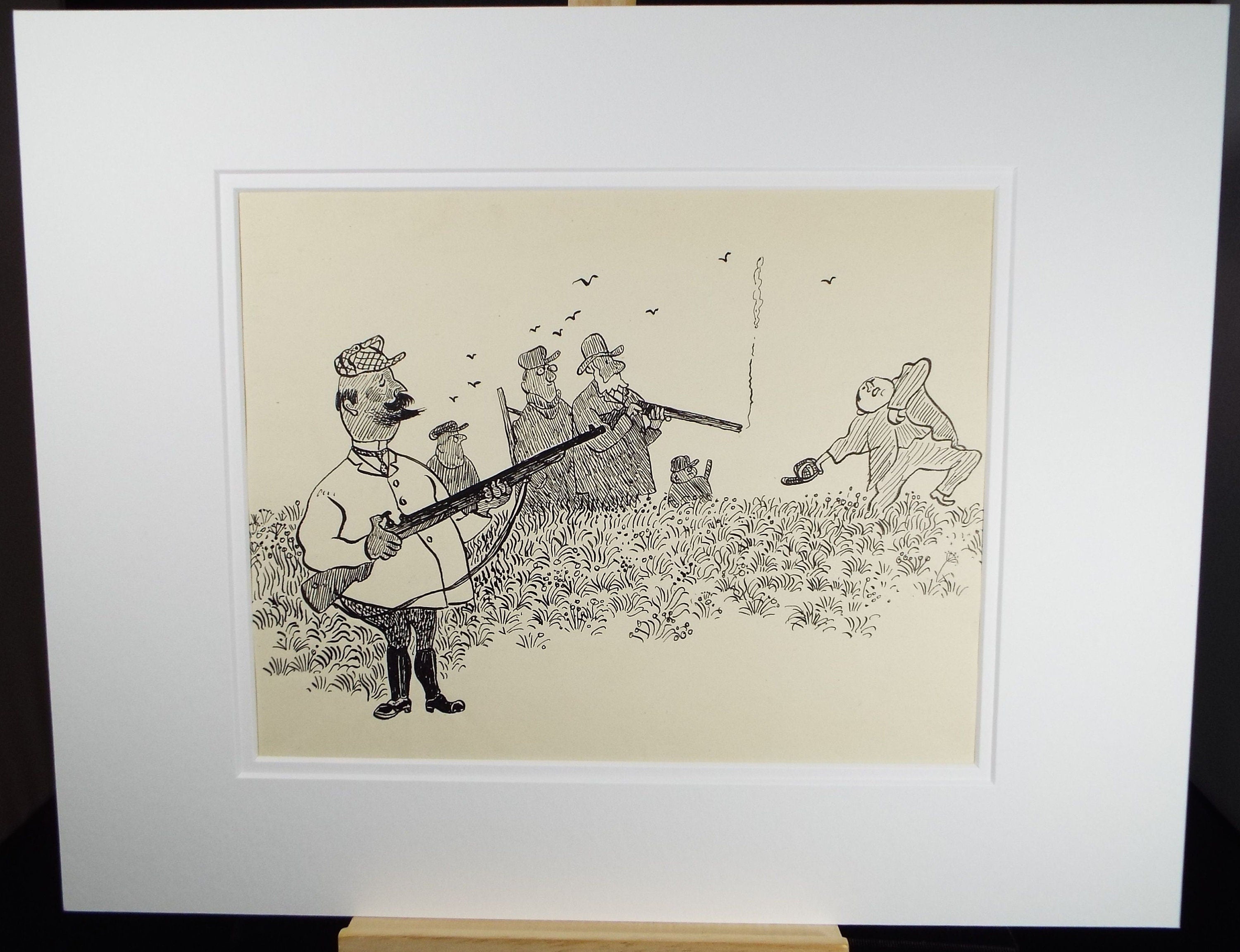 Pen and ink, 'Shooting Party', circa 1970's, Herbert Scheurich (German)