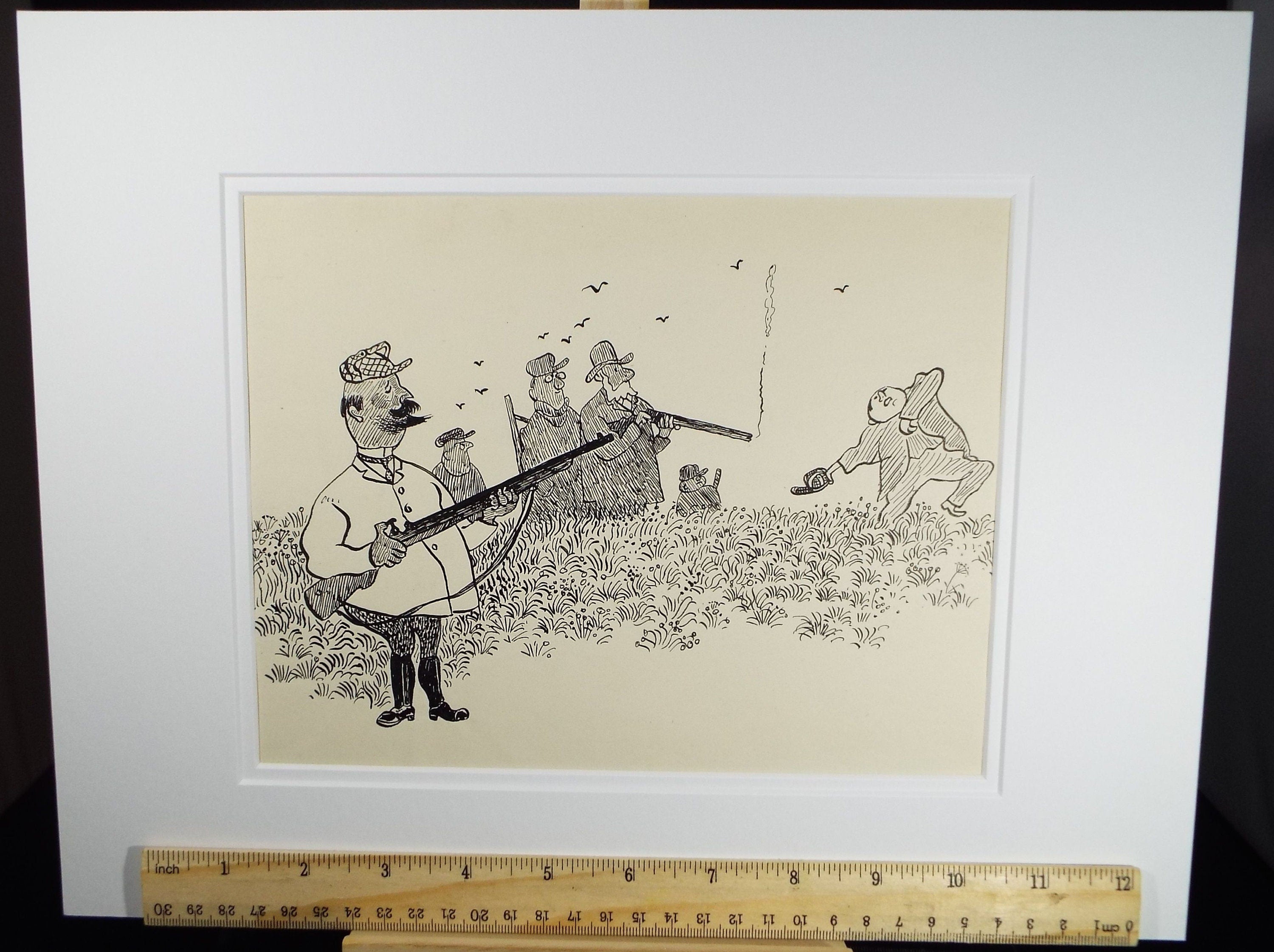 Pen and ink, 'Shooting Party', circa 1970's, Herbert Scheurich (German)