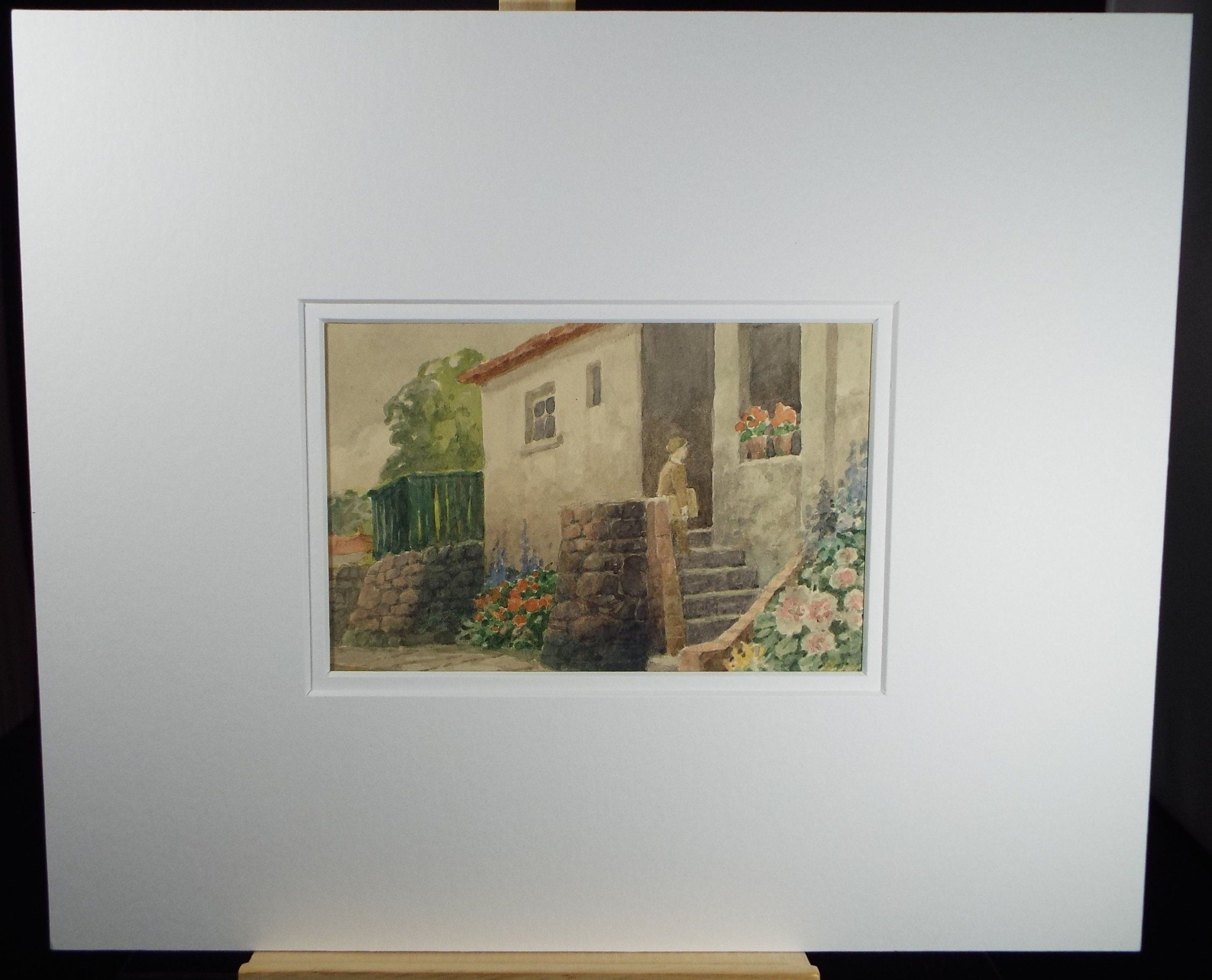 Original Watercolour, 'Steps with Figure', Mid 20th Century, T.R Ellingham