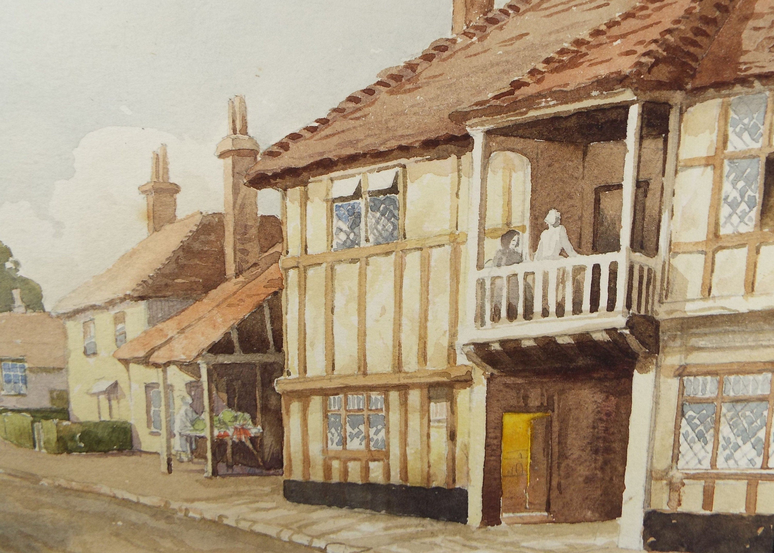 Original Watercolour, 'Village Building & Balcony', Mid 20th Cent, T.R Ellingham