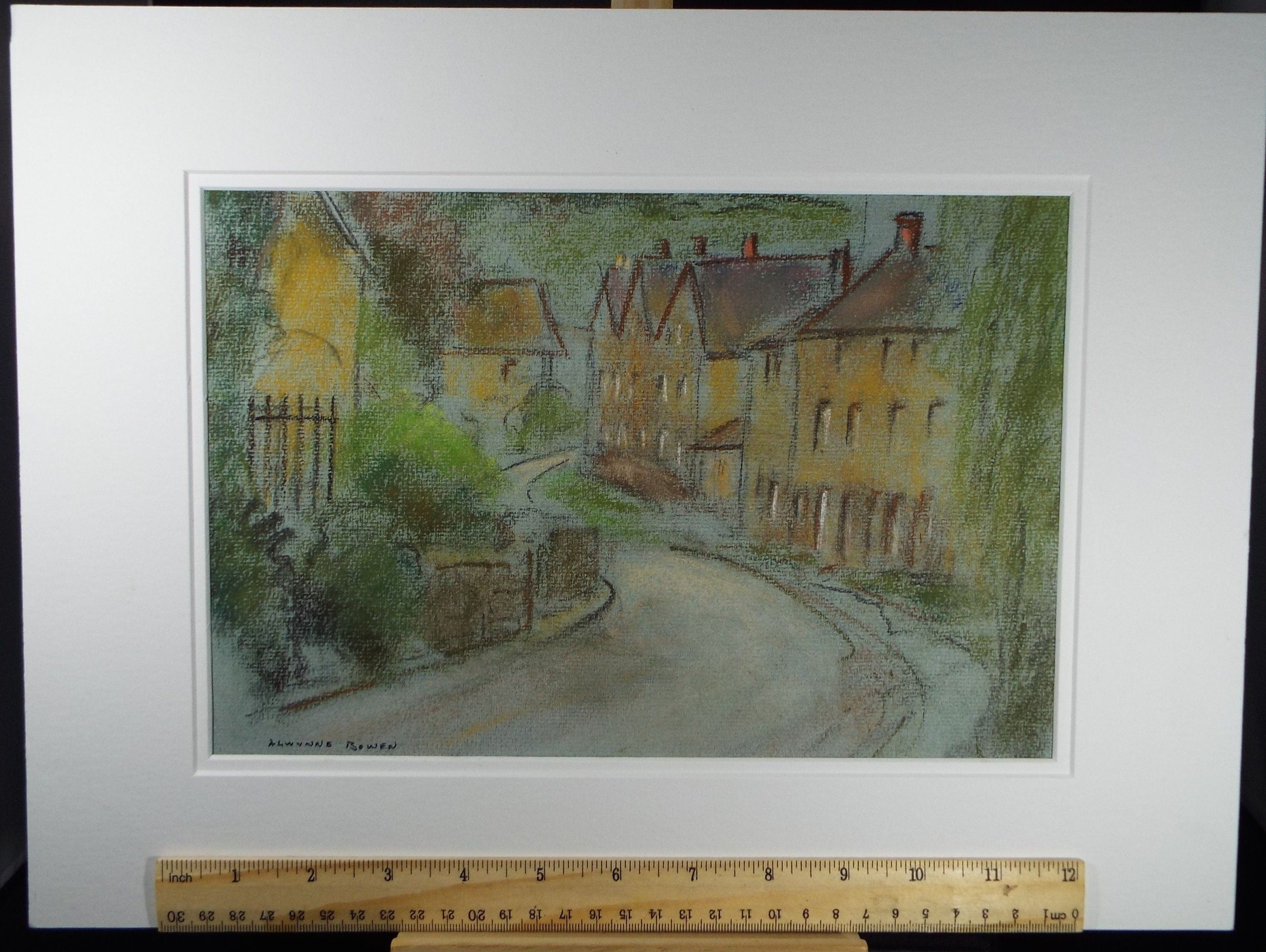 Original Pastel, 'A Village Street', c1970's, Alwynne Bowen 1904-1987