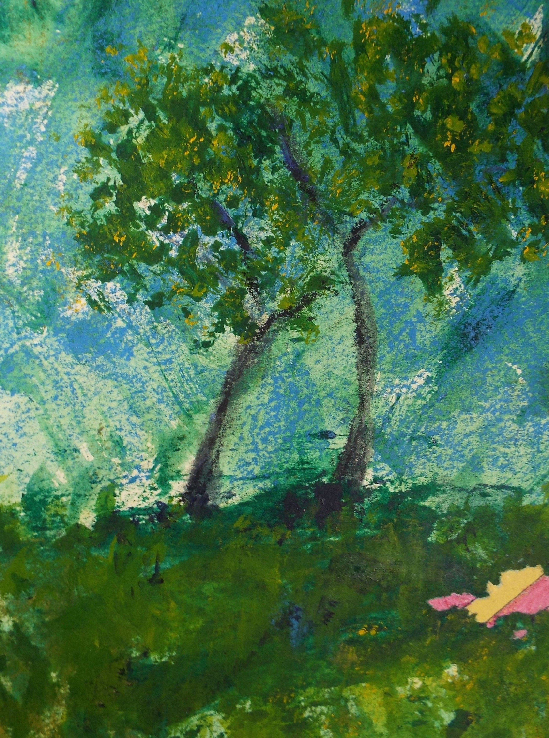 Original Watercolour & Gouache, 'Tree with Collage', 1990s, Reginald Flint (20th Century)