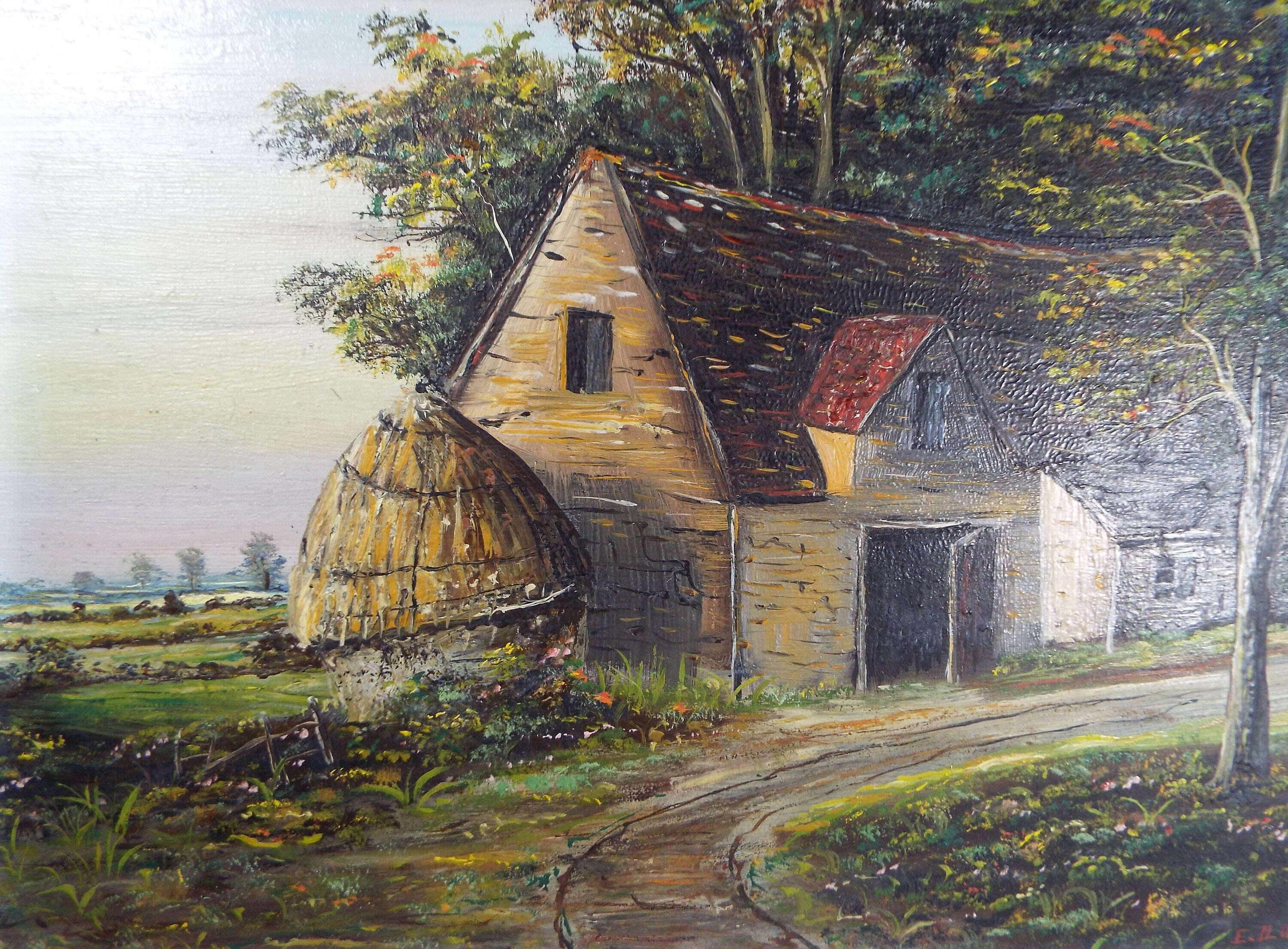 Original Oil on Board 'Cottage & Barn in the Woods', Early 20th Century