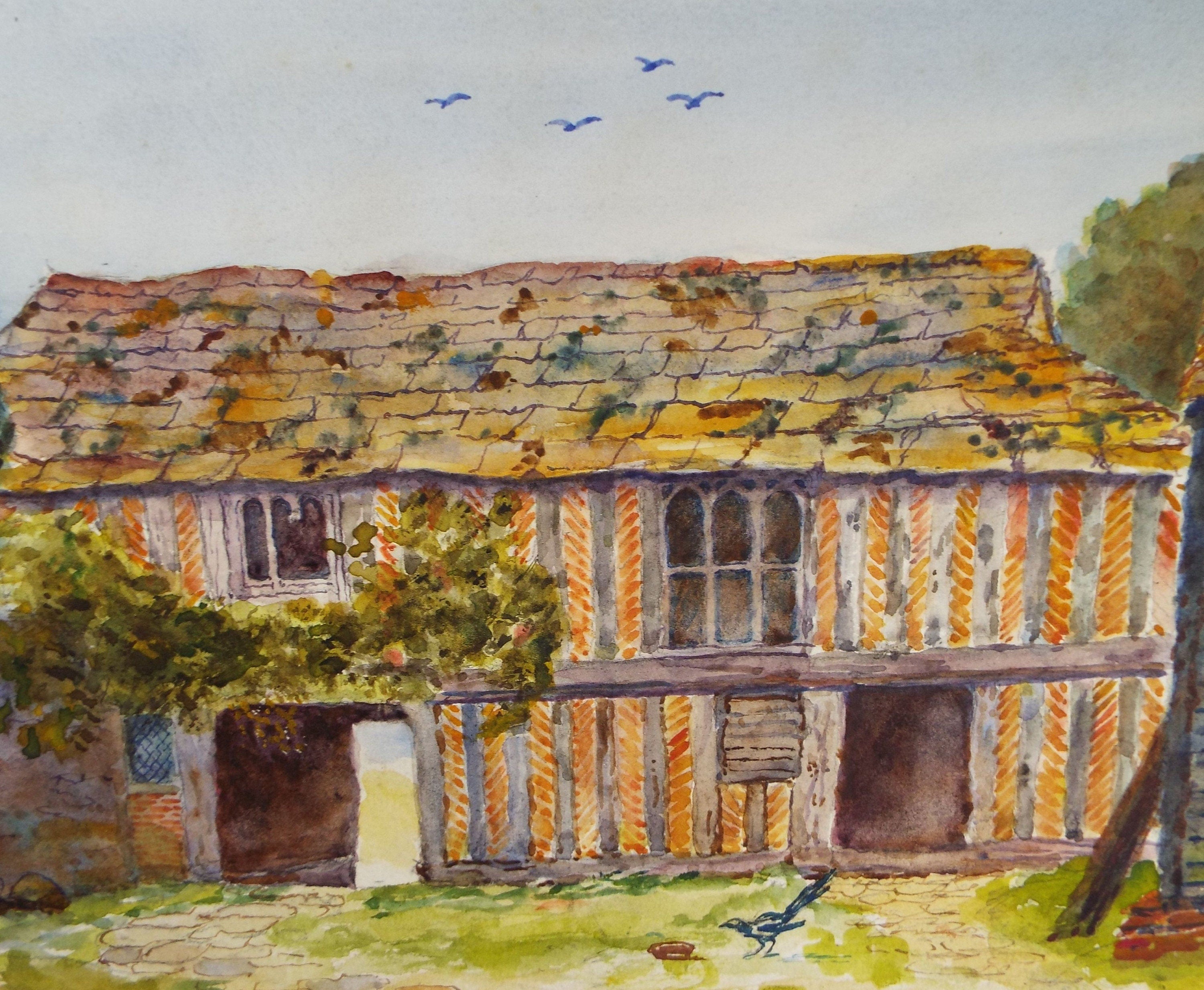 Original Watercolour, 'Barn with Magpie',c1900, Artist Unknown