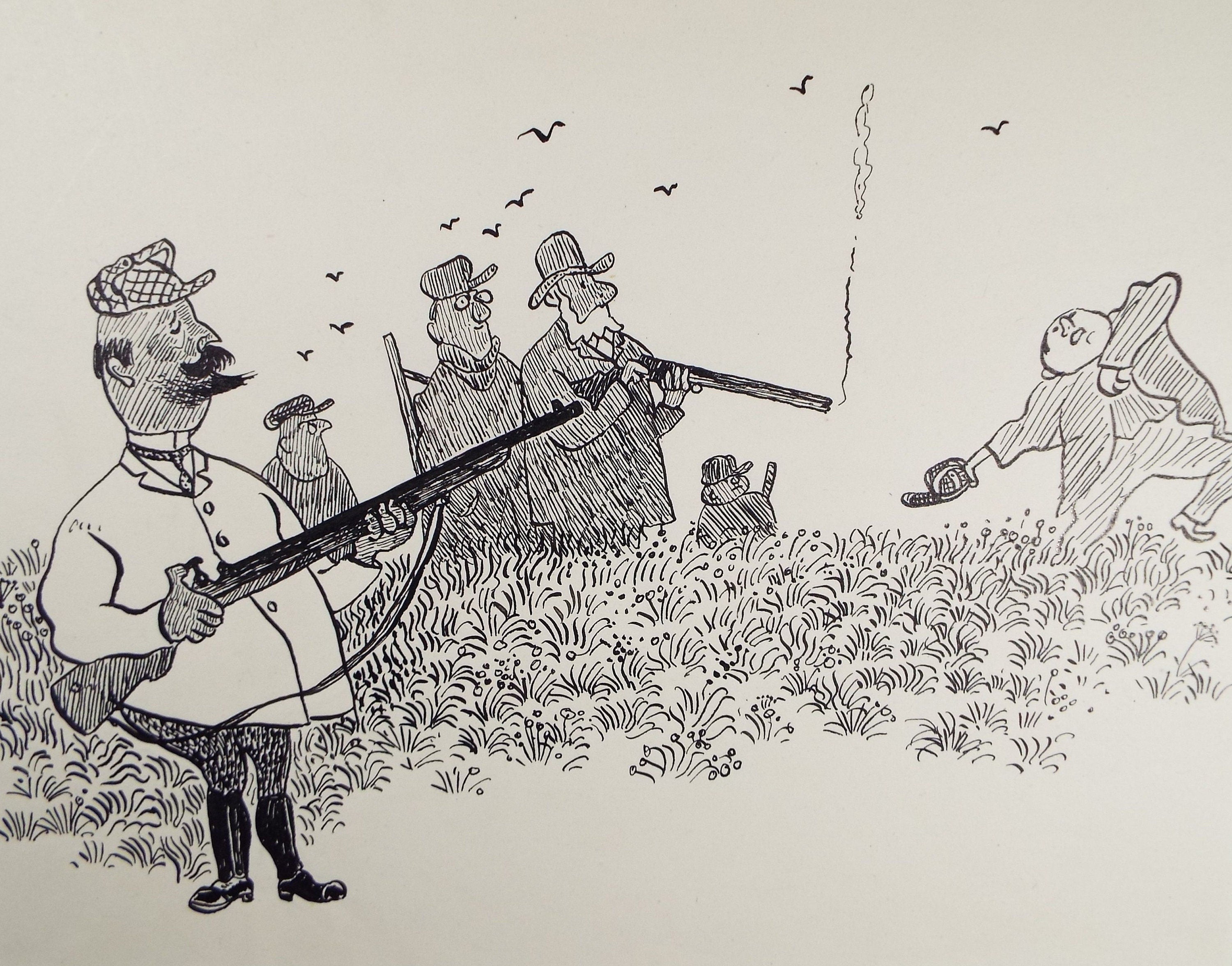 Pen and ink, 'Shooting Party', circa 1970's, Herbert Scheurich (German)