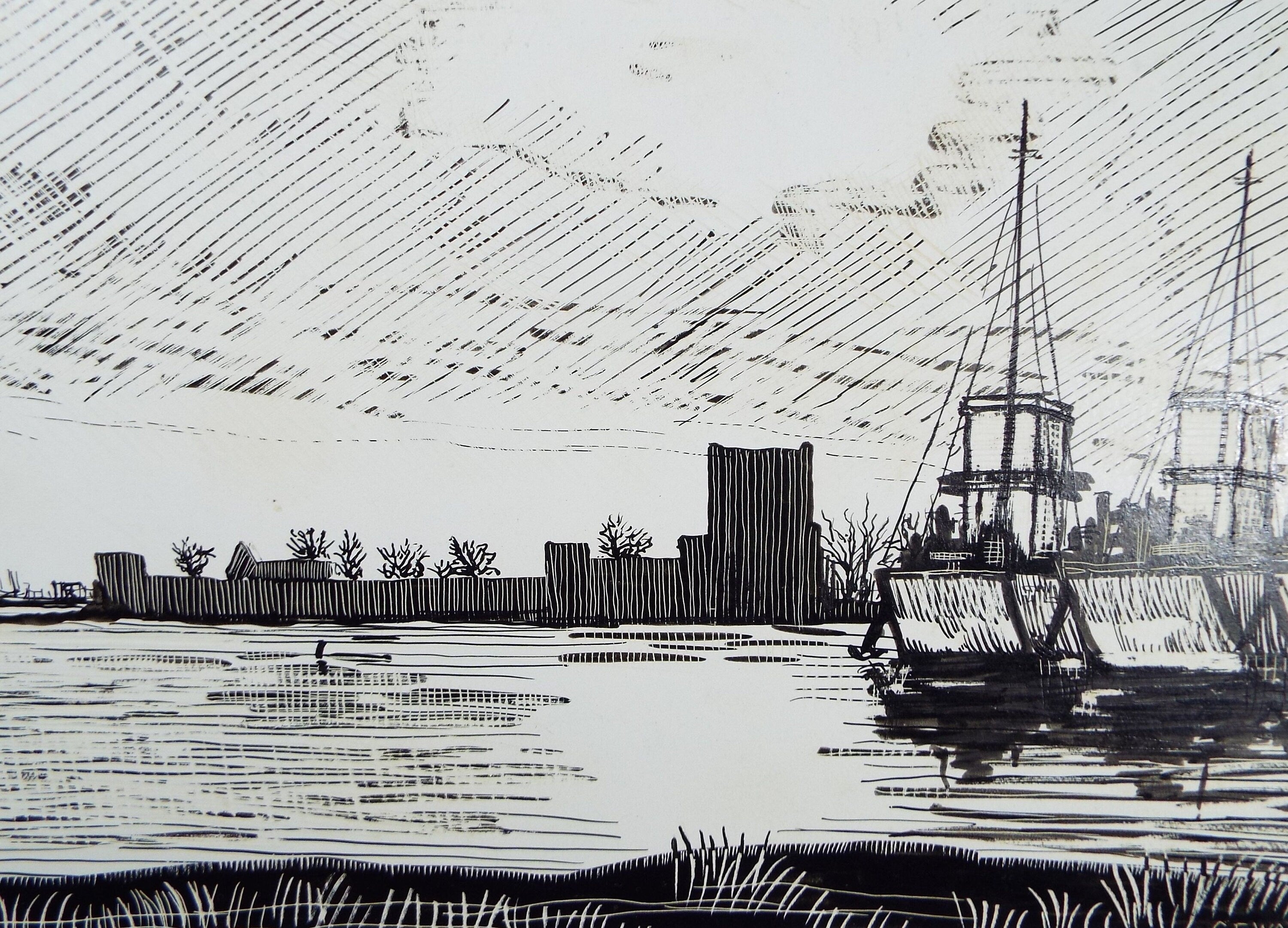 Etching on scraperboard, 'Fishing Boats', c1950, Charles Frederick Way 1906-1981