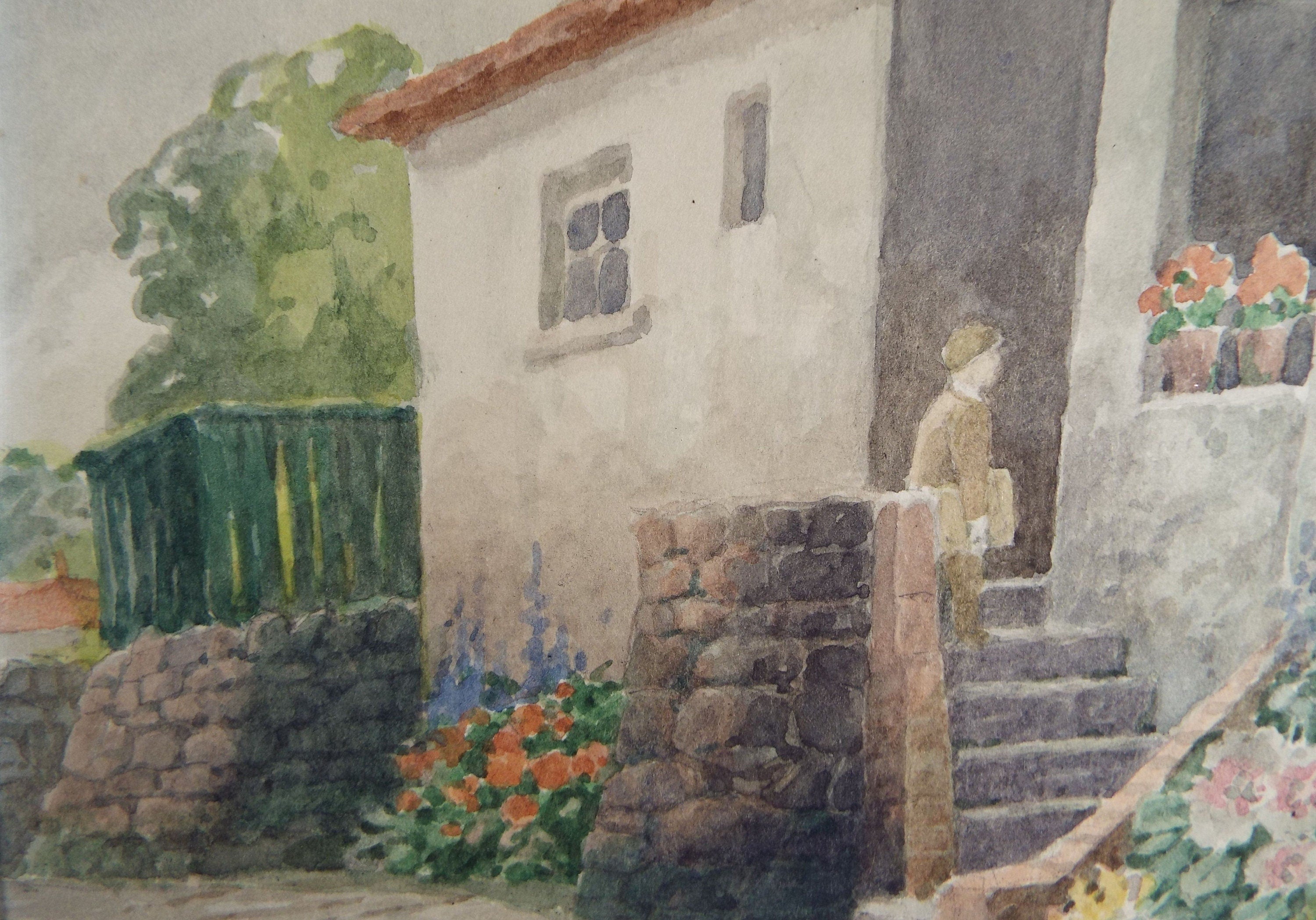 Original Watercolour, 'Steps with Figure', Mid 20th Century, T.R Ellingham