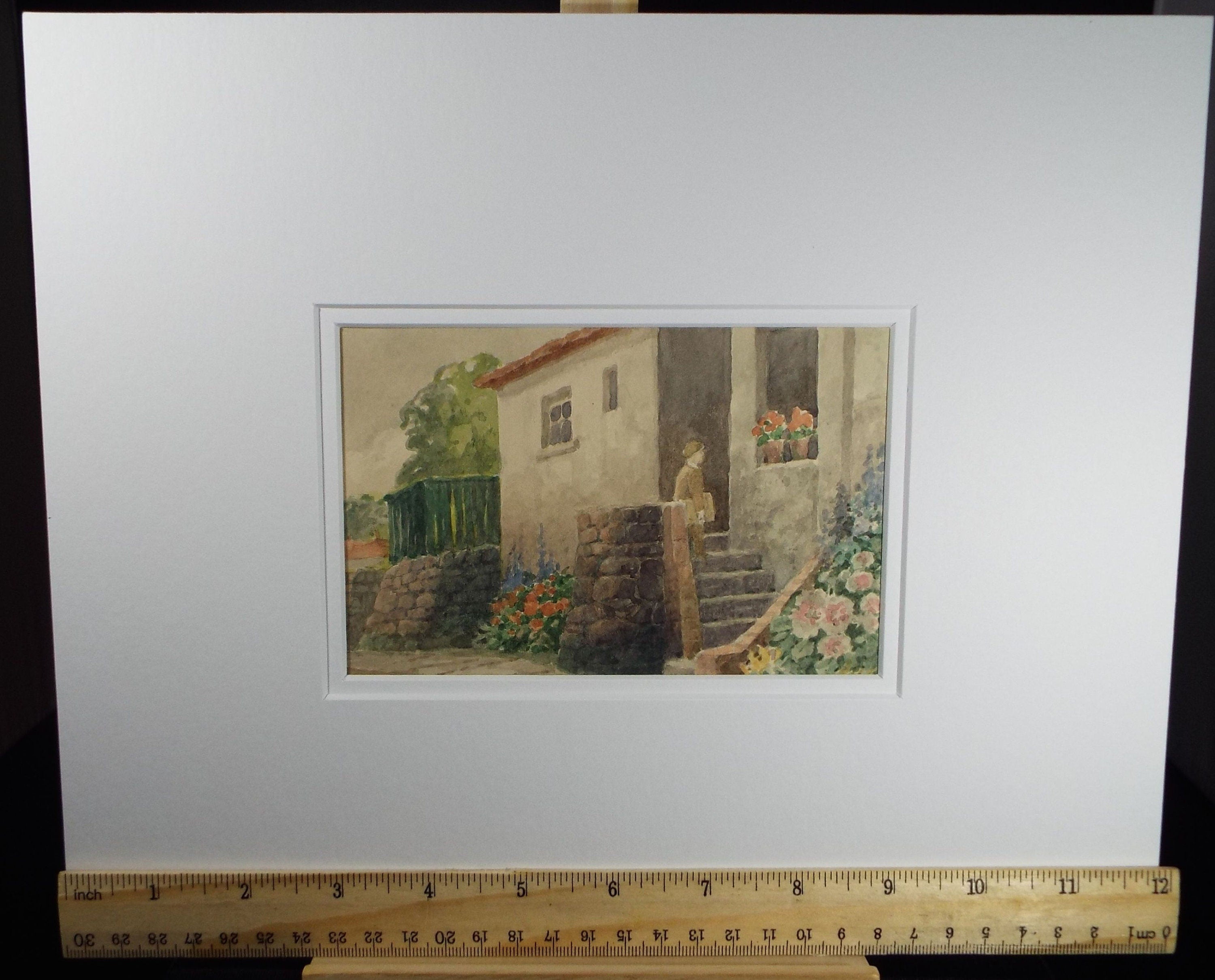 Original Watercolour, 'Steps with Figure', Mid 20th Century, T.R Ellingham