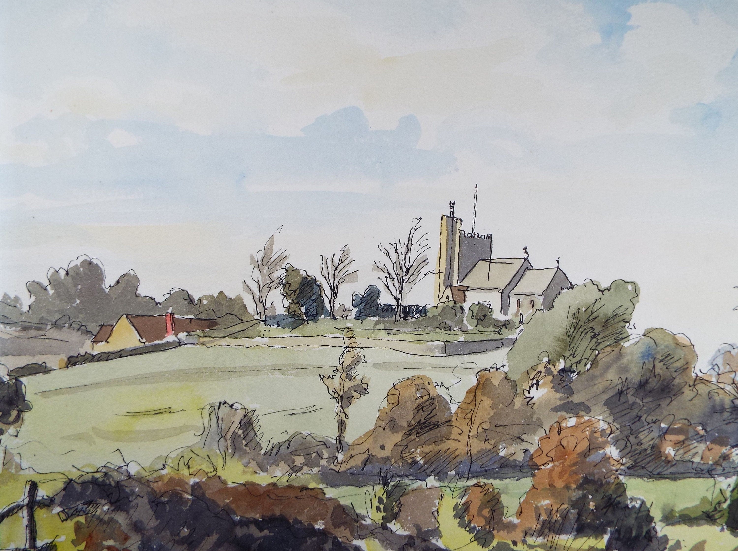 Original Watercolour, 'Village Church', Circa 1940's, Charles Frederick Way (1906-1981)