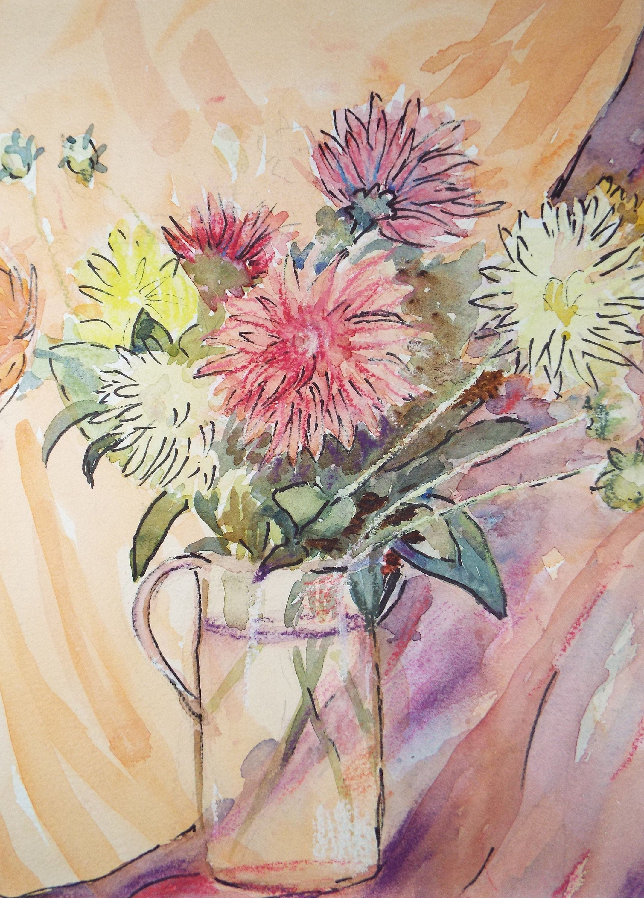 Original Watercolour, 'Still Life of Dahlias', Circa 1950's, Alethia de Tessier (20th Century, British)