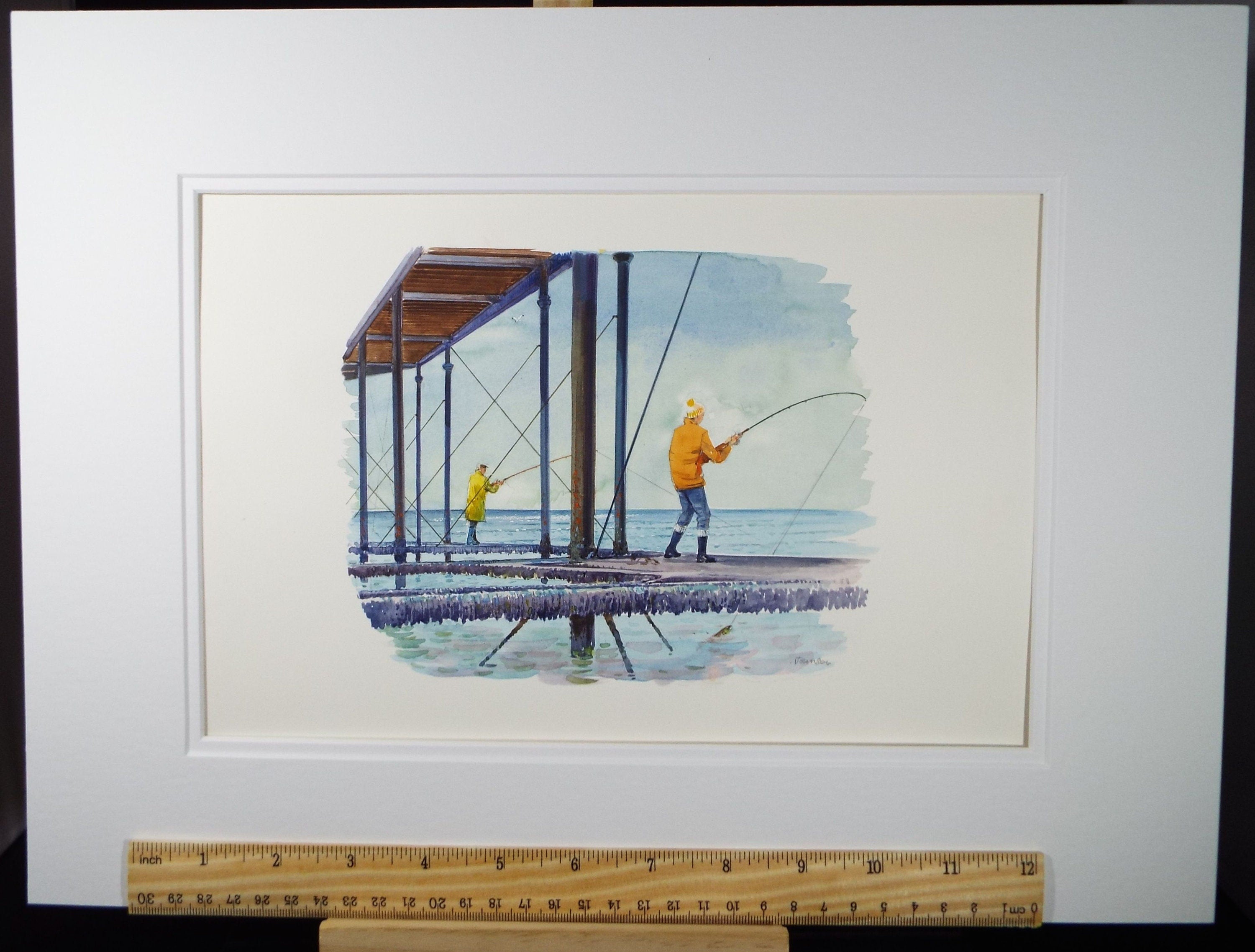 Original Watercolour 'Fishing from the Pier', Circa 1980's, Ken Johnson (20th Century, British)