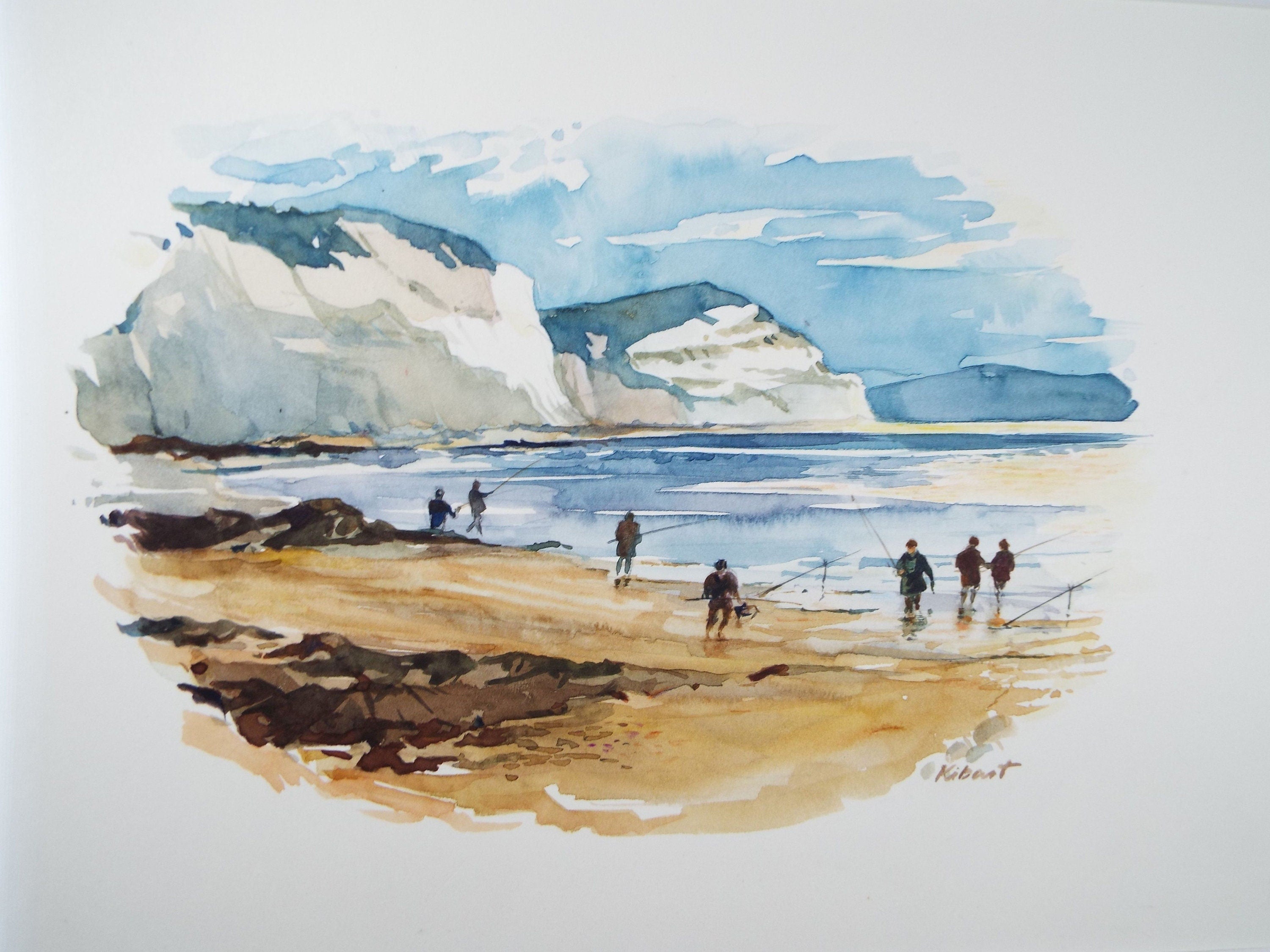 Original Watercolour 'Beach Fishing', Circa 1980's, James Kibart (20th Century, British)