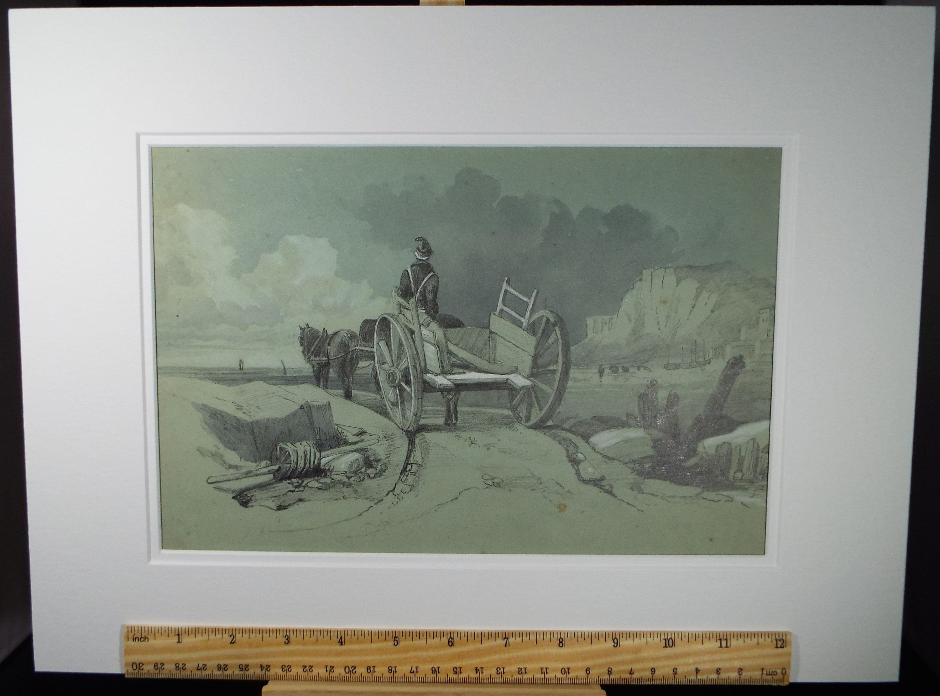 Original Pencil and chalk drawing circa 1850, 'Cart on the Beach' - Unknown Artist