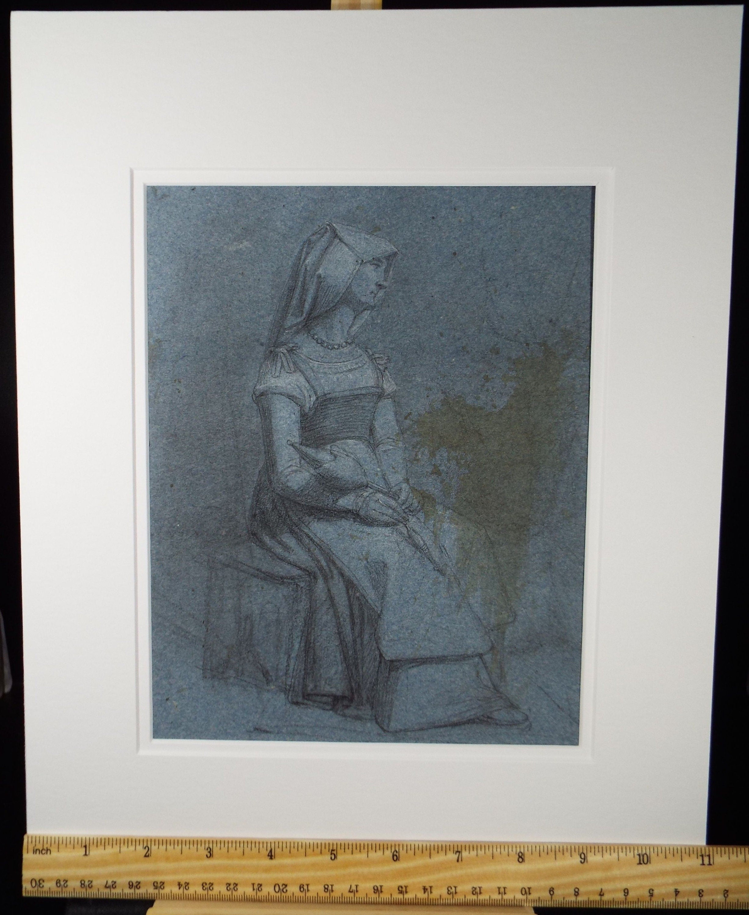 Original Graphite and chalk on Paper 'Seated Woman', Circa 1850, 19th Century German School