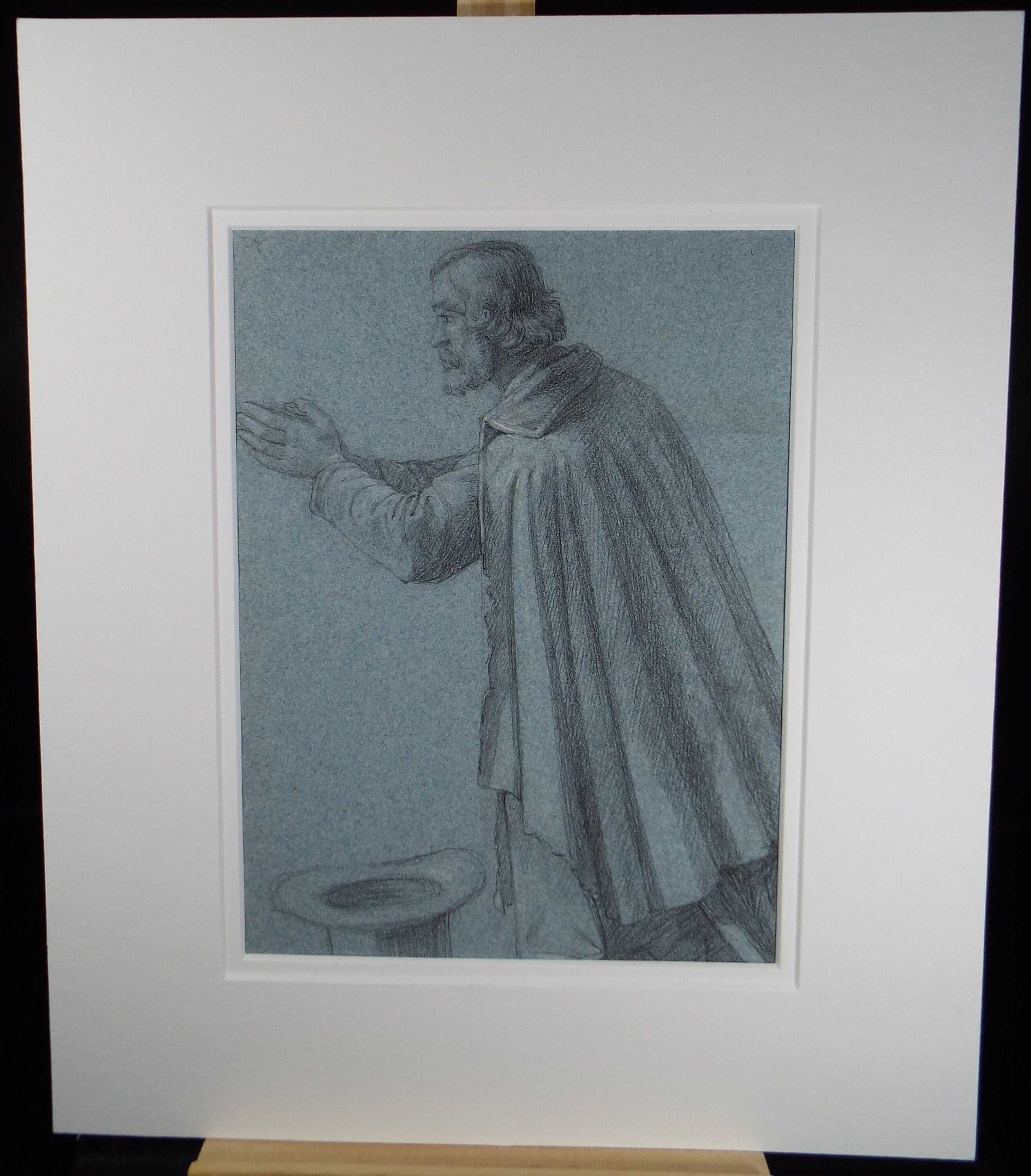 Original Graphite and chalk on Paper 'Penitent Man', Circa 1850, 19th Century German School