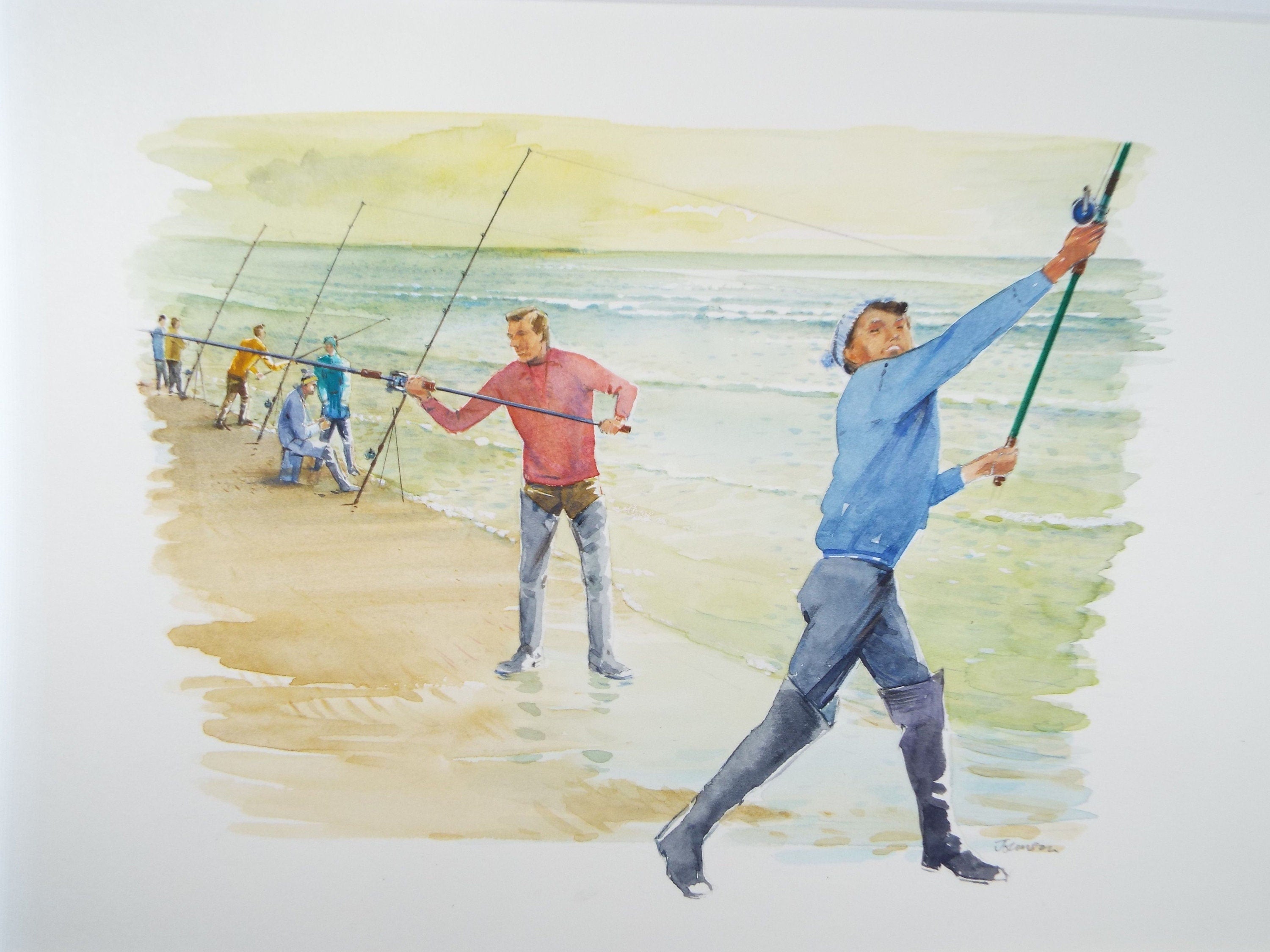 Original Watercolour 'Beach Fishing', Circa 1980's, Ken Johnson (20th Century, British)