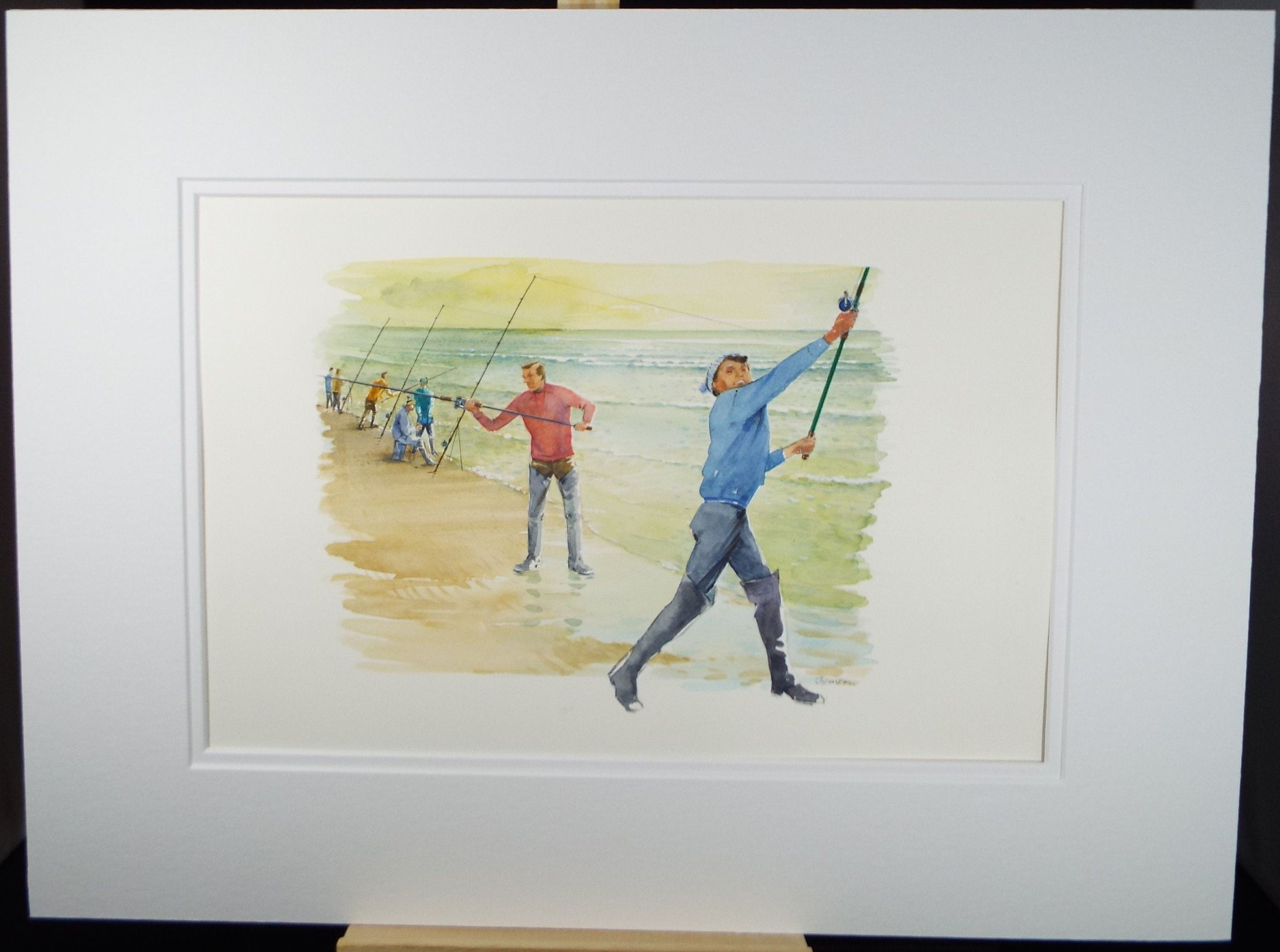 Original Watercolour 'Beach Fishing', Circa 1980's, Ken Johnson (20th Century, British)