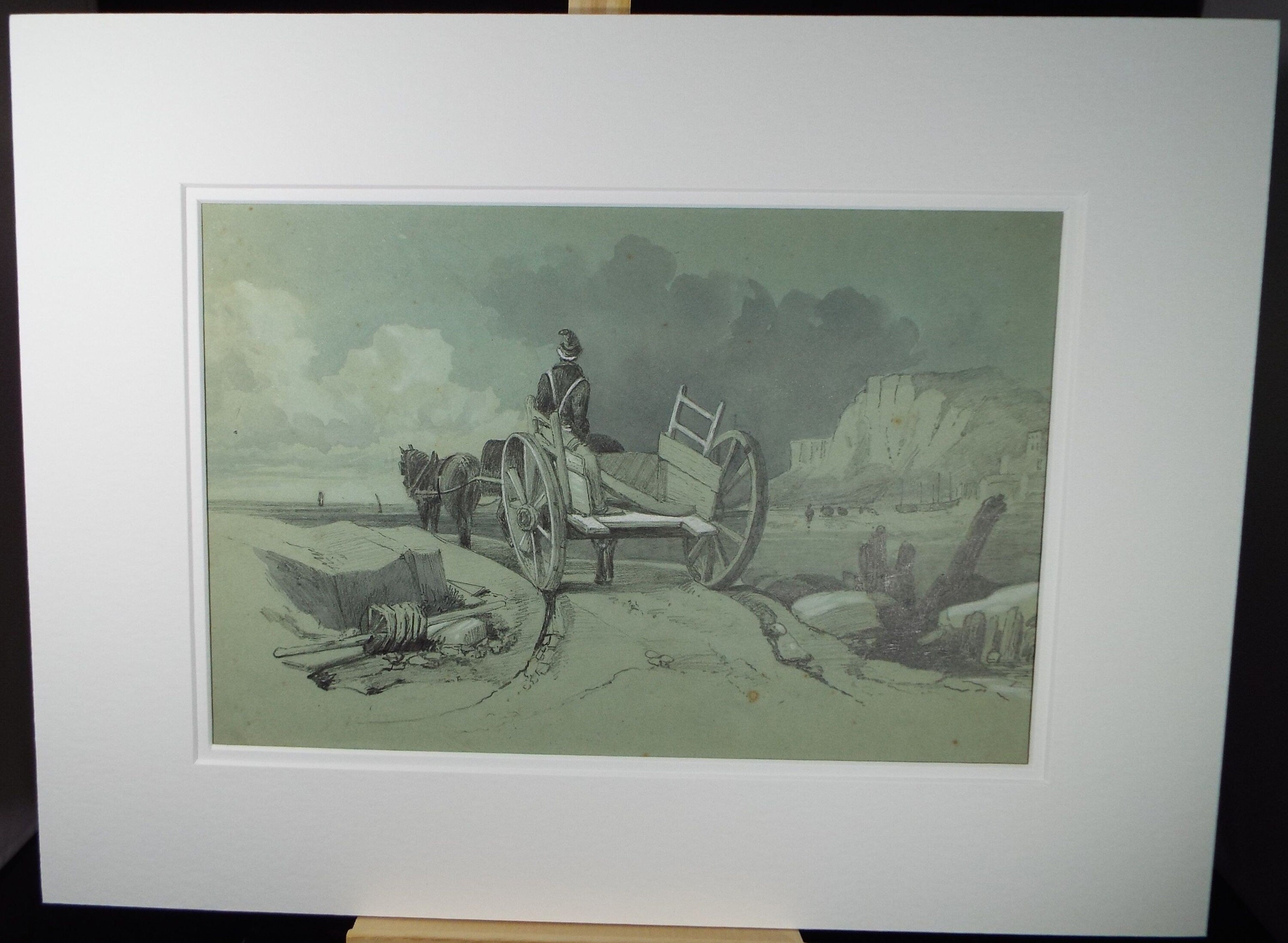 Original Pencil and chalk drawing circa 1850, 'Cart on the Beach' - Unknown Artist