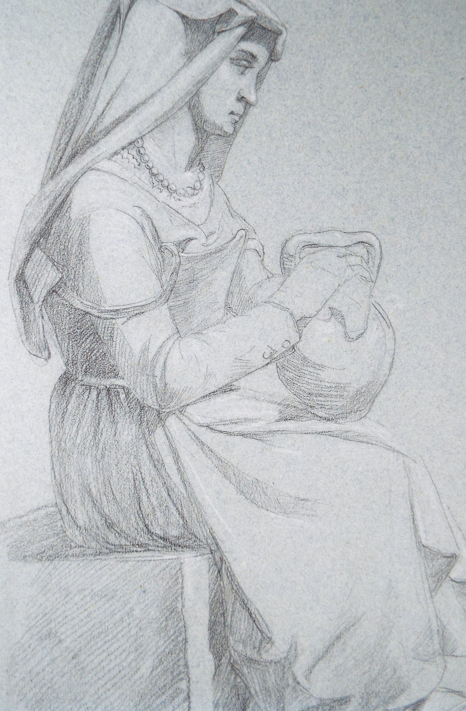 Original Graphite and chalk on Paper 'Woman with Jug', Circa 1850, 19th Century German School