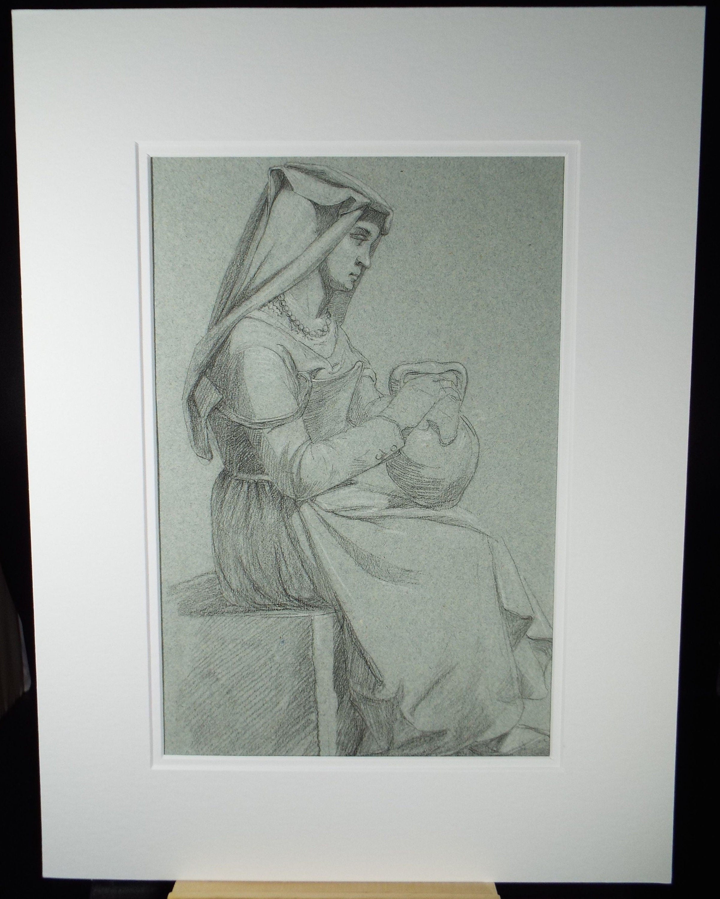 Original Graphite and chalk on Paper 'Woman with Jug', Circa 1850, 19th Century German School