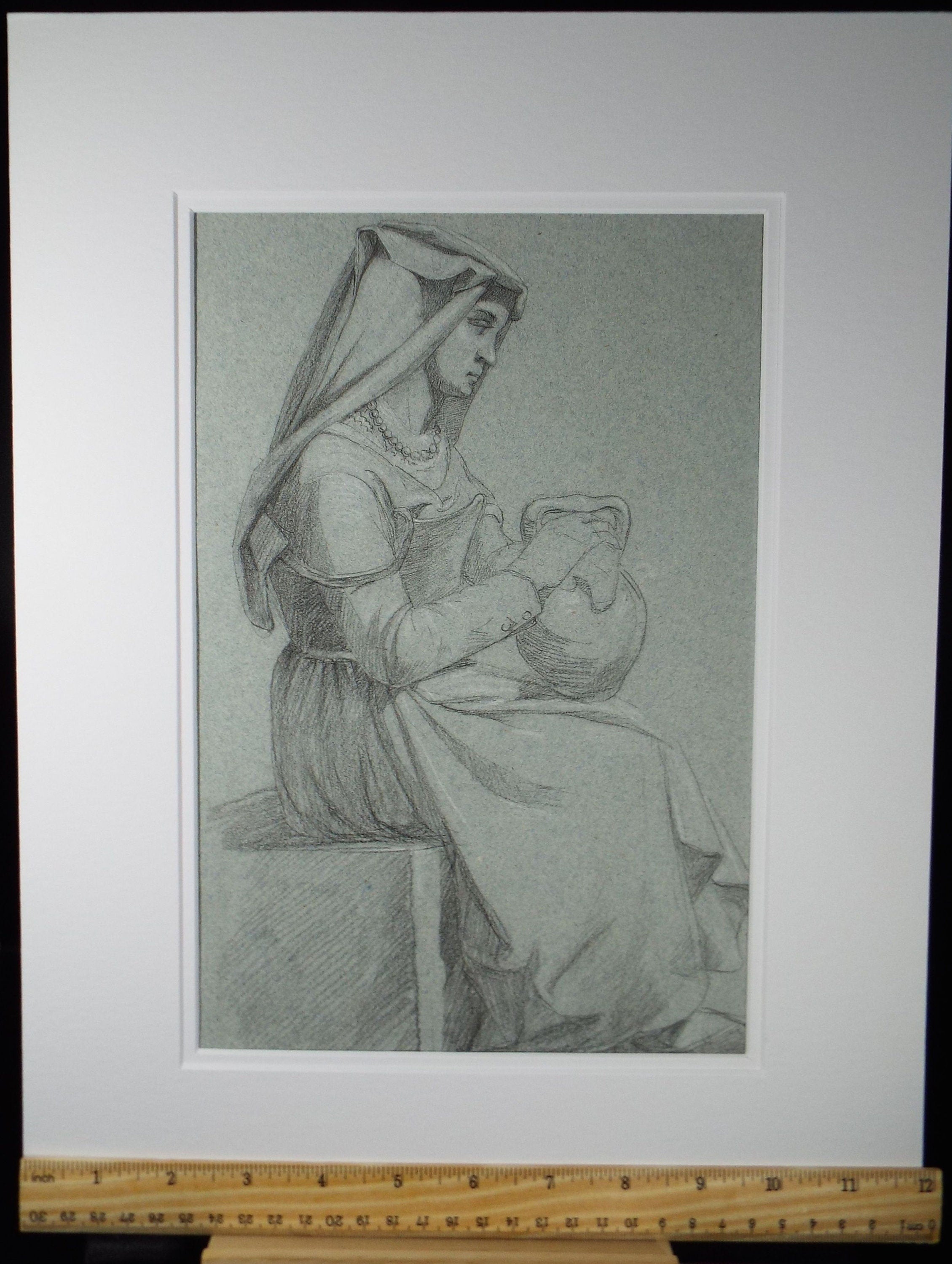 Original Graphite and chalk on Paper 'Woman with Jug', Circa 1850, 19th Century German School