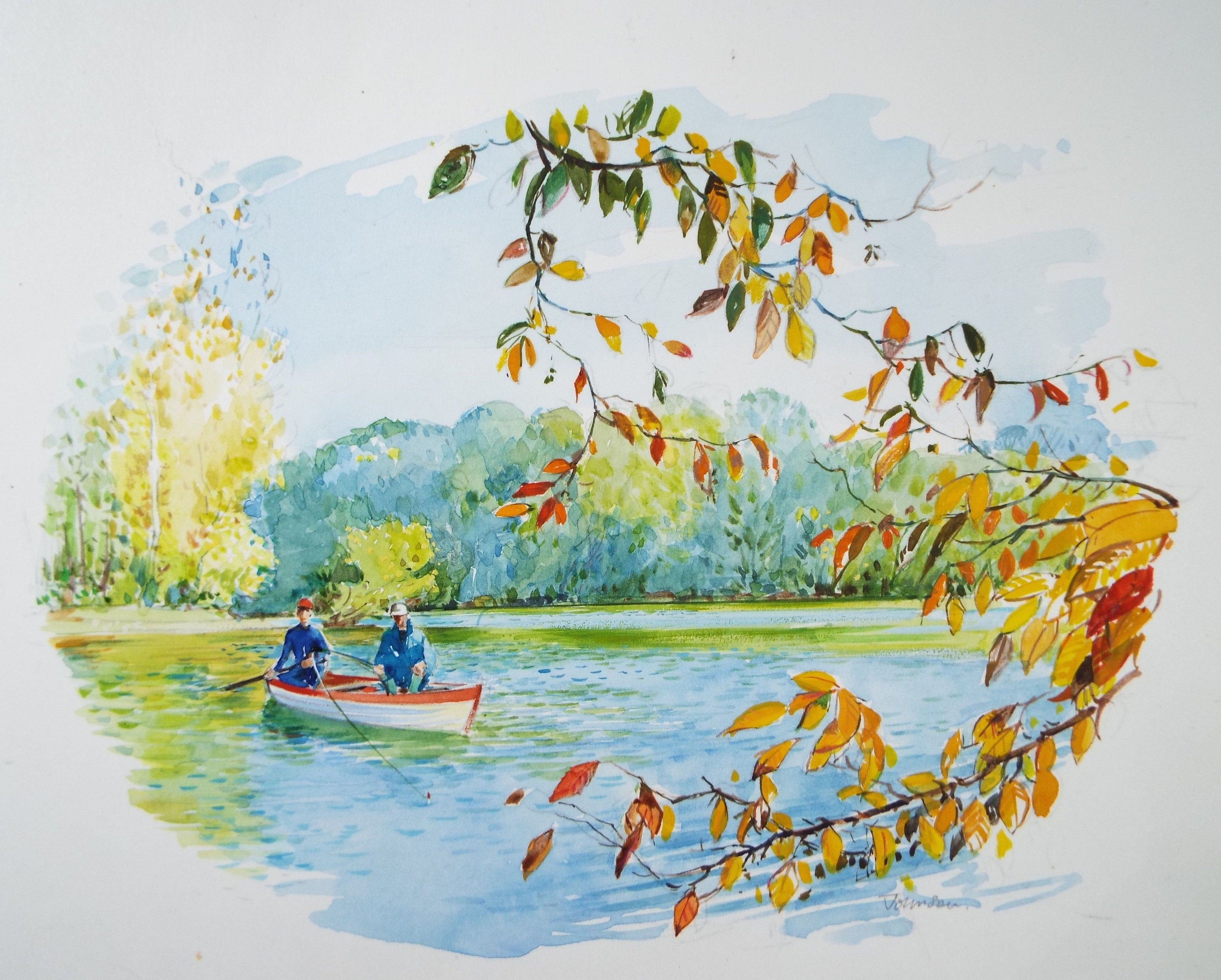Original Watercolour 'Lake Fishing', Circa 1980's, Ken Johnson (20th Century, British)