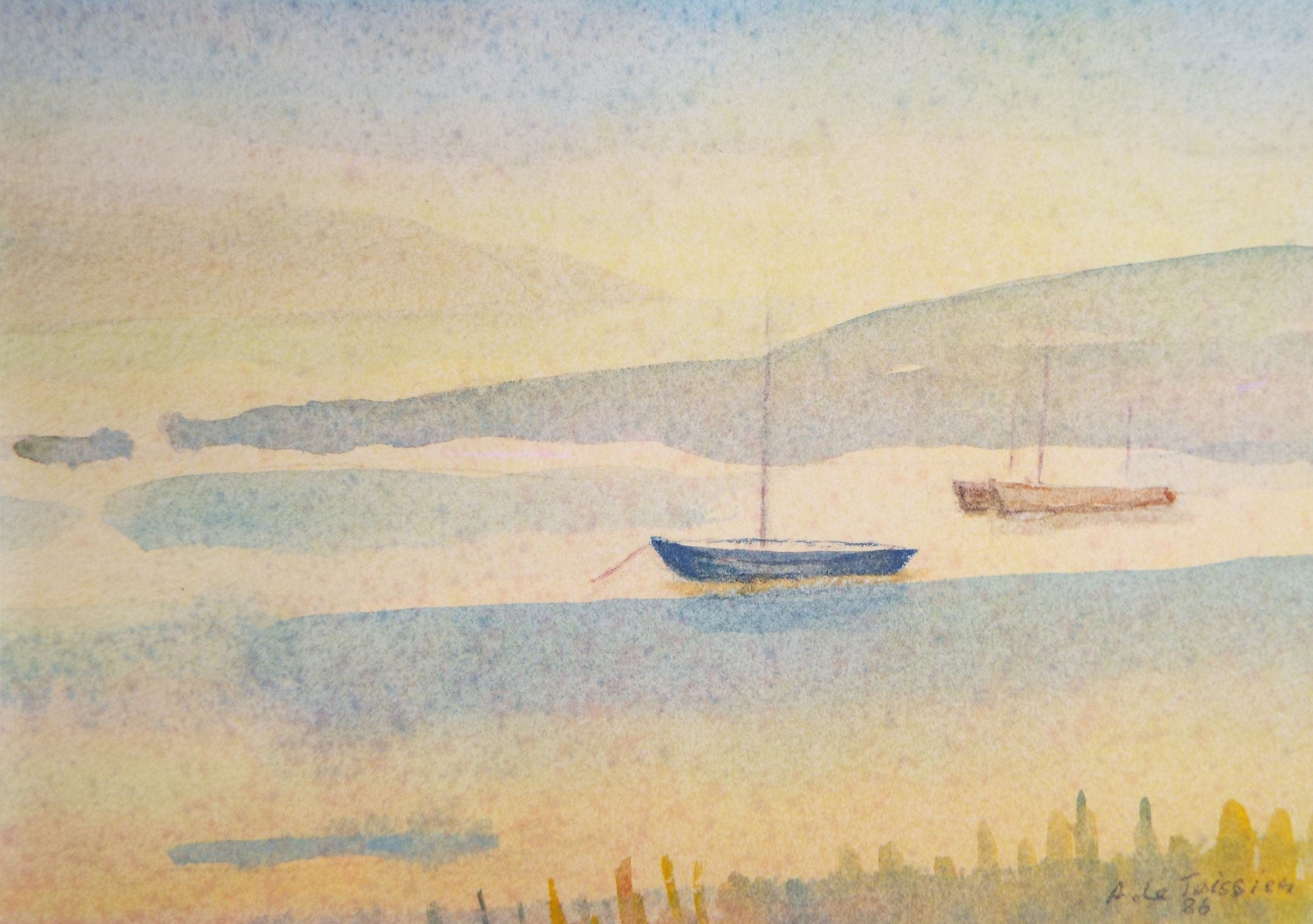 Original Pastel, 'Sailing boats on a Mooring', Dated 1986, Alethia de Tessier (20th Century, British)