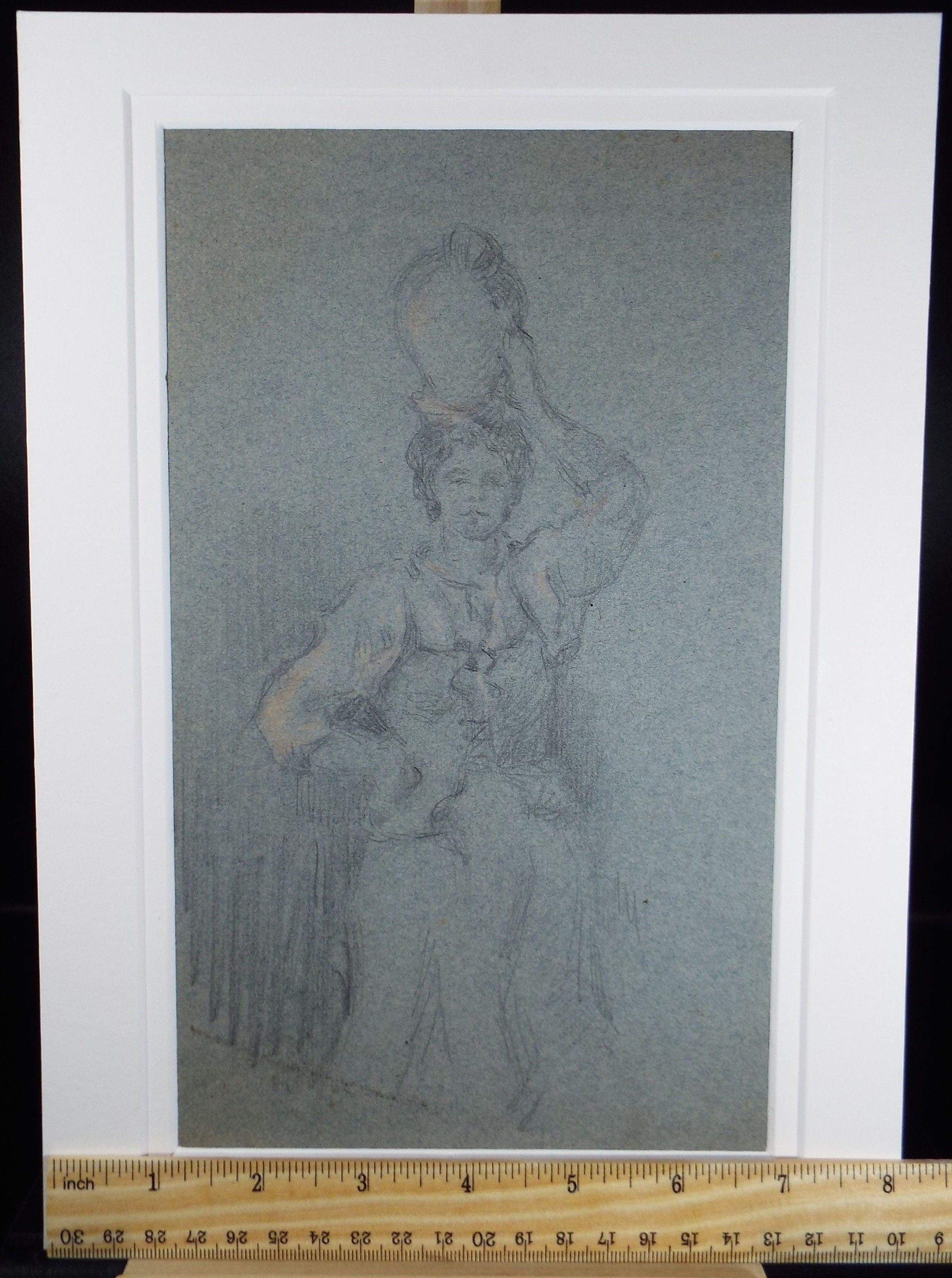 Original Graphite and chalk on Paper 'Woman with Jug', Circa 1850