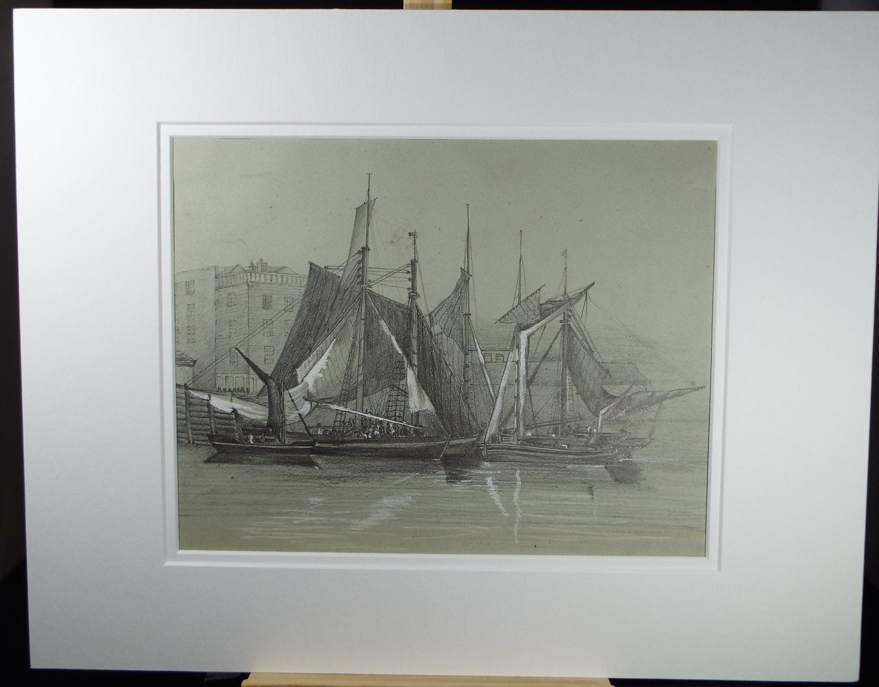 Original Graphite and Chalk, 'Sailing Barges', c1850, John Helpman