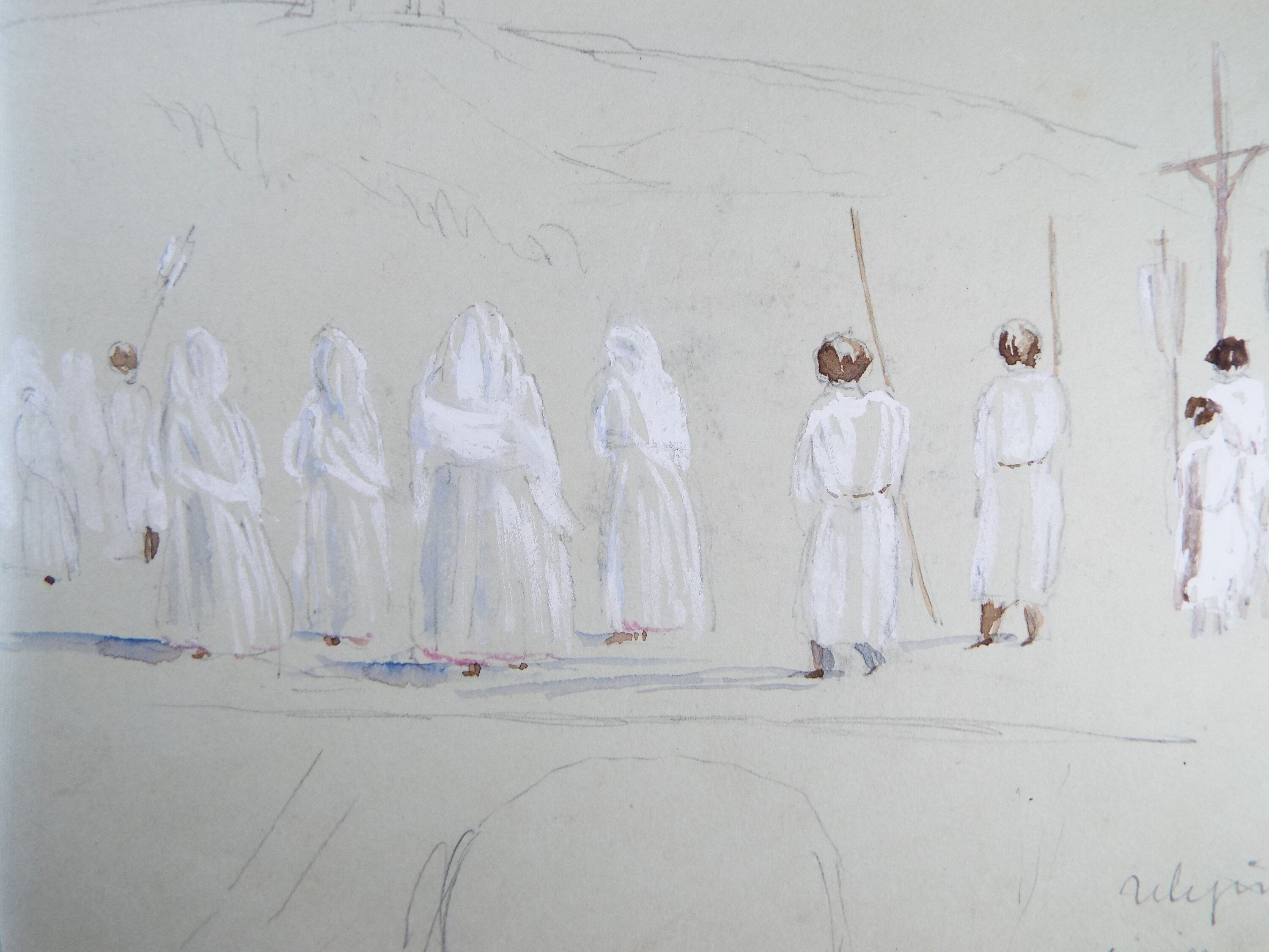 Original Watercolour, 'Religious Procession', Elizabeth Blommart, c1860's